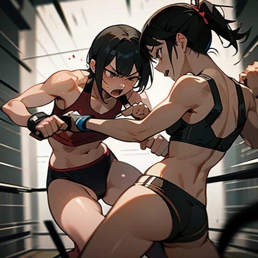Intense violence. Her opponent's fist is digging into her cheek. A person's face is bent down. Her face is crumpled by the punch of the opponent. Dynamic action. She is suffering. She is cornered in a wire fence, badly beaten by her opponent. She is wearing a sports bra and high-leg panties. Her opponent tries to kill her with a powerful punch. They are exhausted. Two young, beautiful Japanese mixed martial artists are fighting in the octagon. They are slamming their fists into their opponents' bodies. They are covered in blood. Their mouths open, drooling, one eye closed, short of breath. They are sweating profusely. Short-cut black hair. Open finger gloves. Erect nipples. Small breasts.