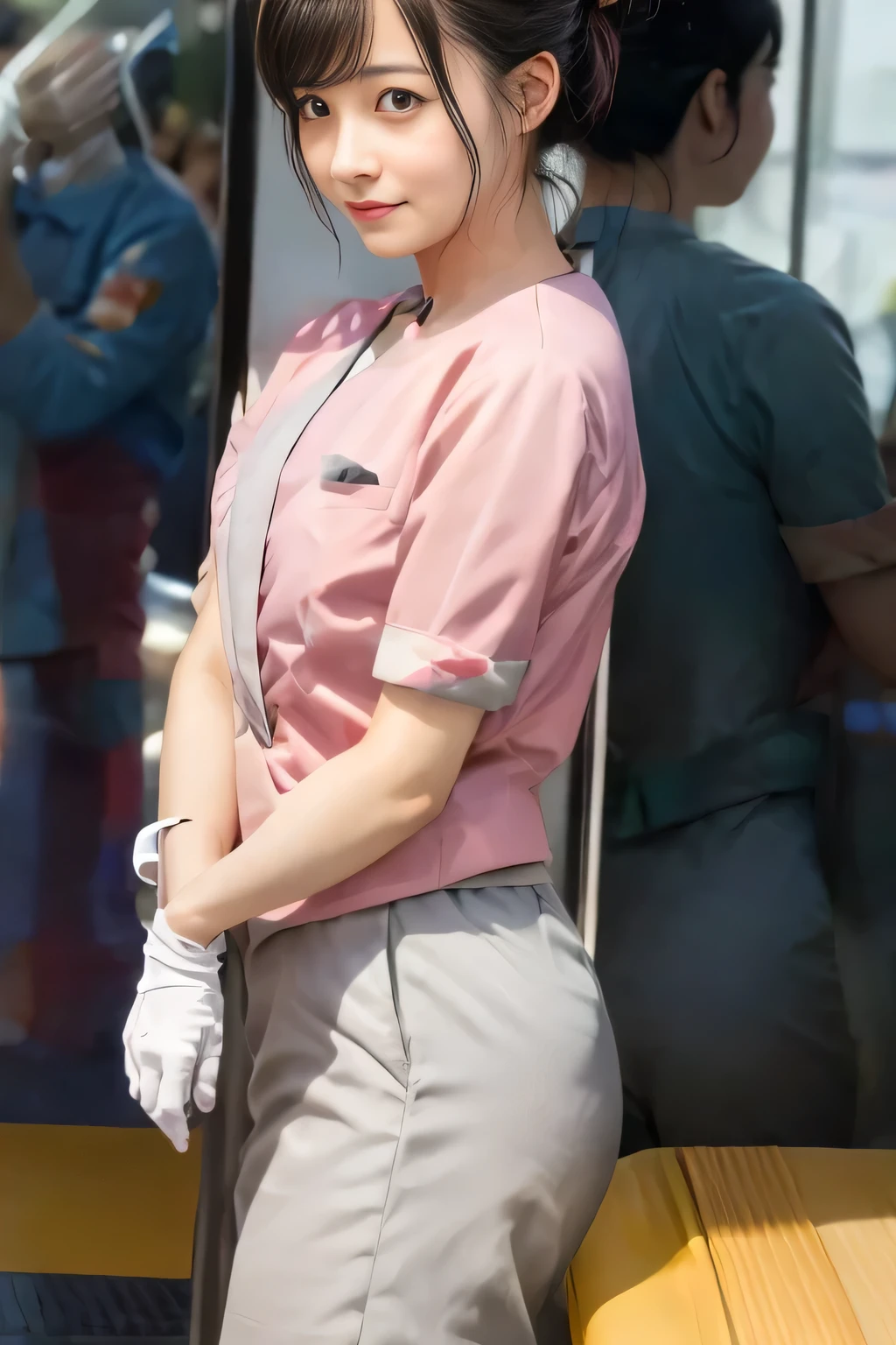 (masterpiece:1.2, highest quality:1.2), 32K HDR, High resolution, (alone、1 girl)、 (Height: 160cm)、(On the rooftop of a building in the daytime、Professional Lighting)、Building rooftop background、(Nankai train crew uniform pinkを着たリアルスタイル)、(Nankai train crew uniform pink short sleeve collarless pink jacket、Nankai Train Crew Uniform Pink Collarless Short Sleeve Blouse、Nankai Train Crew Uniform Pink Grey Knee-length Culottes)、Dark brown hair、(Hair tied up、Hair tied up、Evening curly hairstyle)、Dark brown hair、Long Shot、Big Breasts、Thin legs、((Great hands:2.0)),((Harmonious body proportions:1.5)),((Normal limbs:2.0)),((Normal finger:2.0)),((Delicate eyes:2.0)),((Normal eyes:2.0)))、smile、(Nankai Train Crew Uniform Pink Grey Knee-length Culottesを見せた美しい歩く姿)、Place your hands around your stomach、Lanyard employee ID card