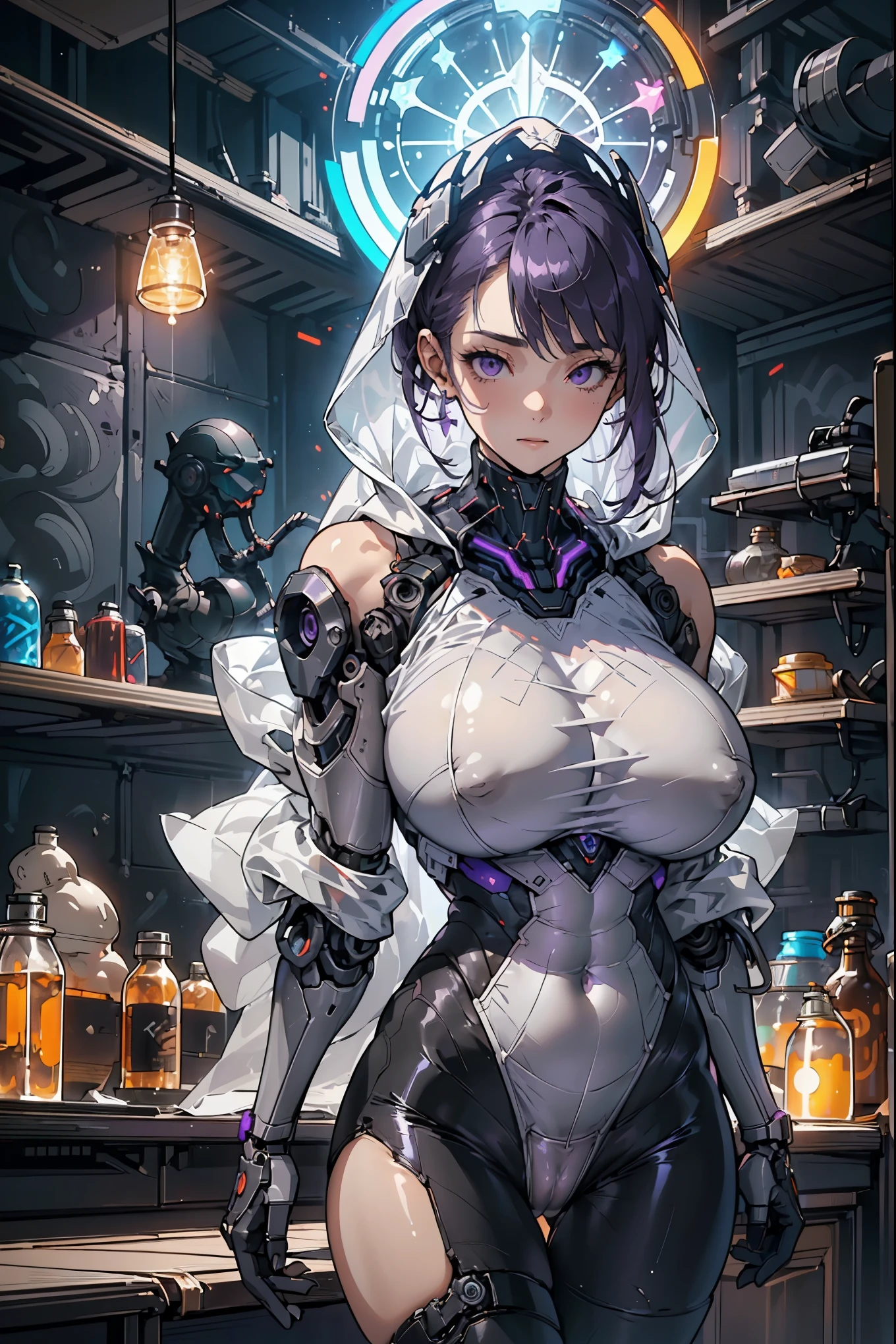 Rear view, Back picture,((Highest quality)), ((masterpiece)), (detail:1.4), (((Translucent black material,With mechanical parts and transparent skin,Beautiful woman wearing cybernetic suit made of gray carbon material))), (((Brightness of LED))), ((Open chest)), Skin on buttocks and thighs, Teletype (High Dynamic Range), Ray tracing, NVIDIA RTX, Super Resolution, PBR Subsurface Textured Dispersions, Post-Processing, Anisotropic filtration, Depth of Field, Surface shading, Accurate light simulation/Material interactions, Perfect proportions, Dual color lighting, Wide opening, Low ISO, White Balance, 8K, (((Camel toe))), National Foundation, (((Tall woman))), 25-year-old female, Cyber helmet with dark and bright LEDs, To the knee, boss, Swollen nipples, ((Network hood with dim and bright LEDs)), Open stance, Cowboy shooting, Skin on buttocks and thighs, Beautiful Body, The navel is visible on the exposed skin, Feeling gravity in the chest, (huge乳房: 1.3), (huge屁股: 1.0), Simple and minimalist space, Natural sexy pose, look down, Hair covering one eye, (((Beautiful long hair))), (((Purple Hair))), (((Hair color sex))),Unreal Engine:1.4,Ultra HD,best quality:1.4, Realistic:1.4, Texture:1.4, masterpiece:1.8,,(Laboratory Background:1.4)huge , Crazy breast swelling, Chest larger than shoulder blades, Big breasts and thin waist,(huge breasts:1.2),Hydrated skin((rogue))((非常huge乳房)),((Grooves reveal original skin))