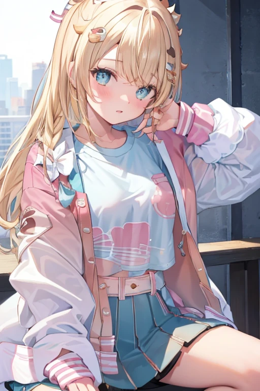pink letterman jacket, girl on top, straddling, covering with blanket, high quality