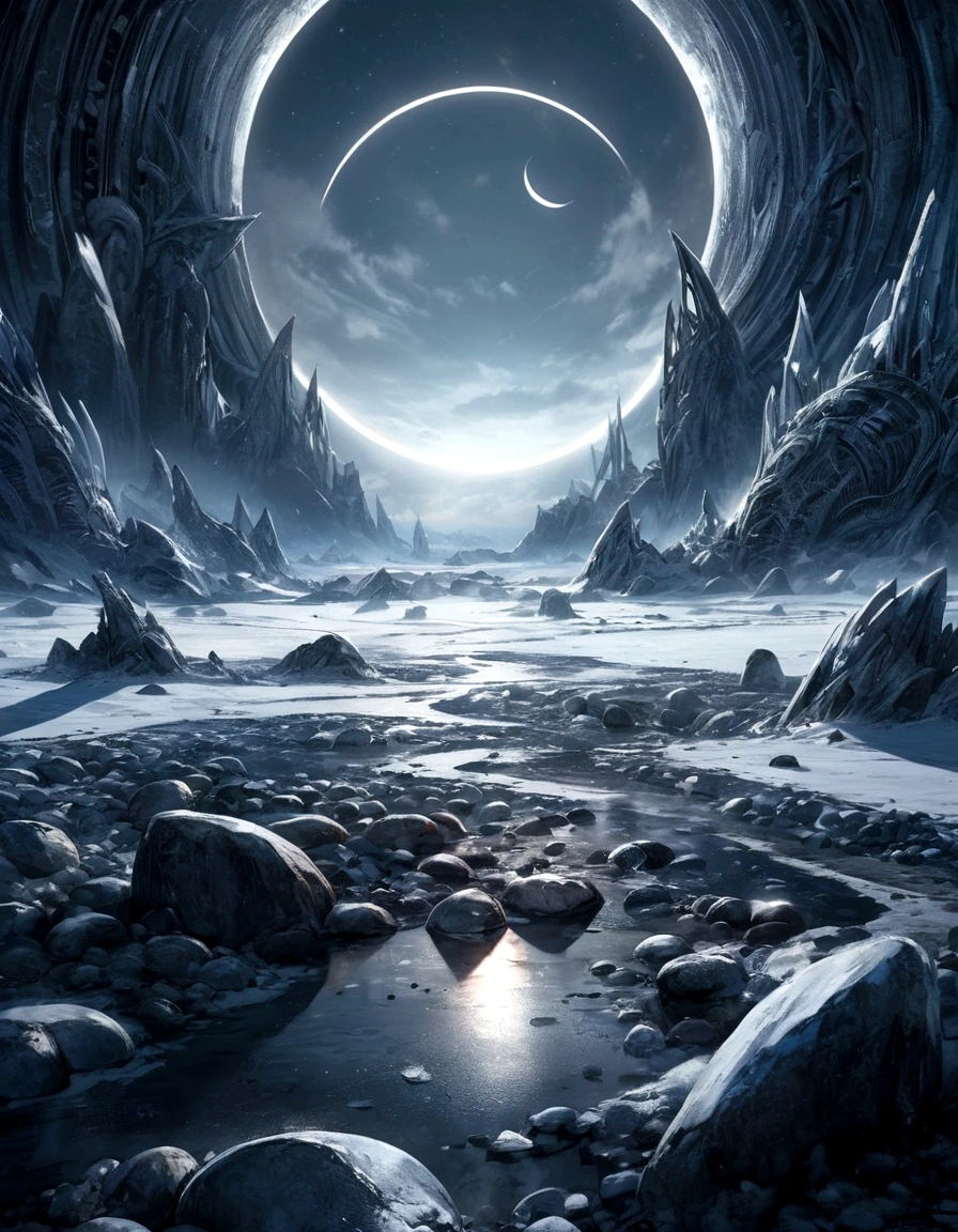 night, solar eclipse over epic ice wasteland with gloomy rocks, in Giger style