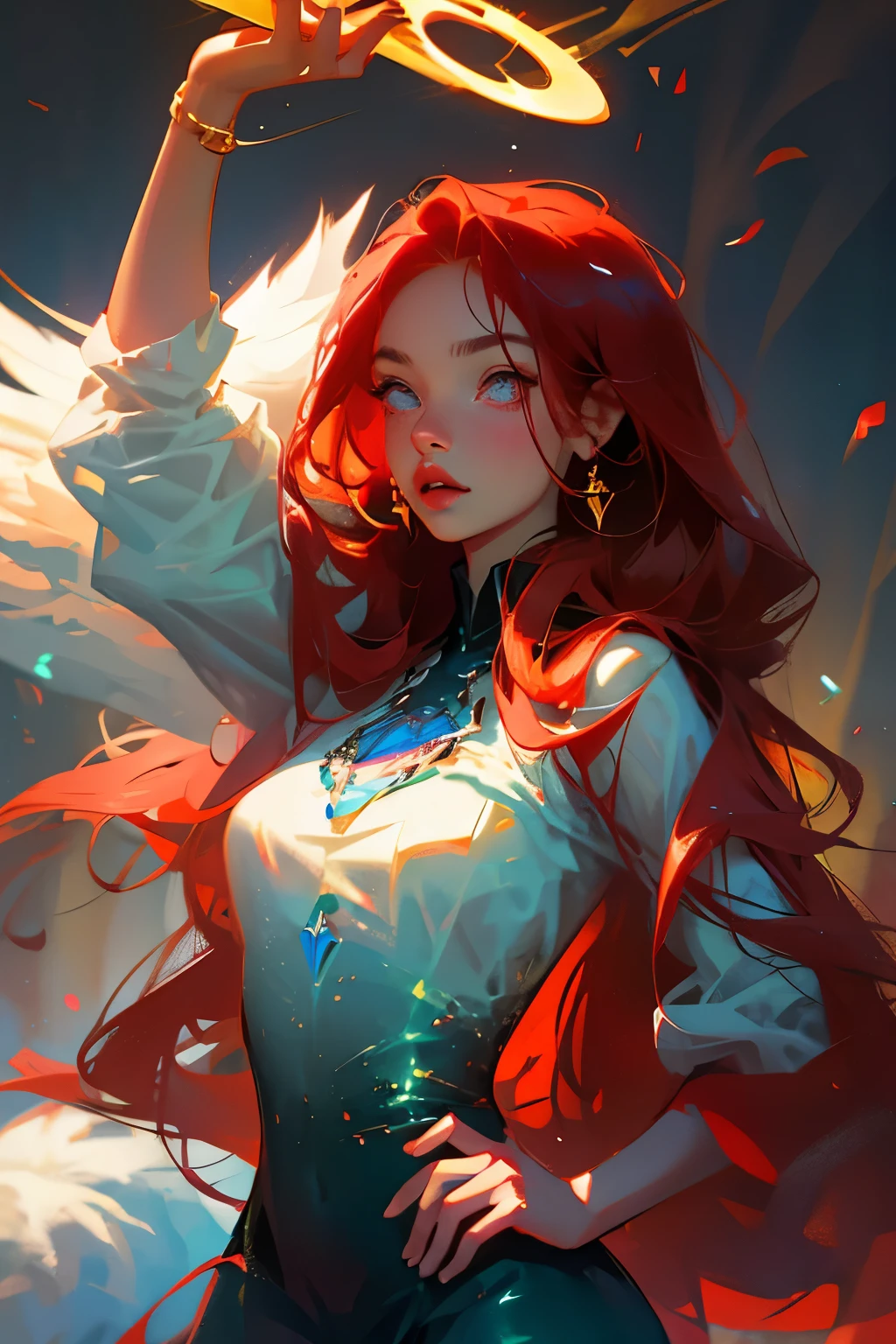 Angel, Attractive, girl, with long red hair, golden eyes, expressive breasts