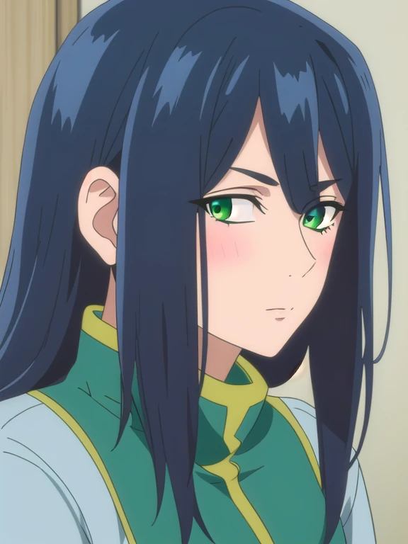 (((Best quality))),((Ultra-detailed)),((illustration)),((Disheveled hair)),((frilld)),(1 girl),1girl, bangs, black hair, blue hair, eyelashes, face, green eyes, hair over one eye, long hair, looking at viewer, looking down, simple background, solo, no mask, no glaess