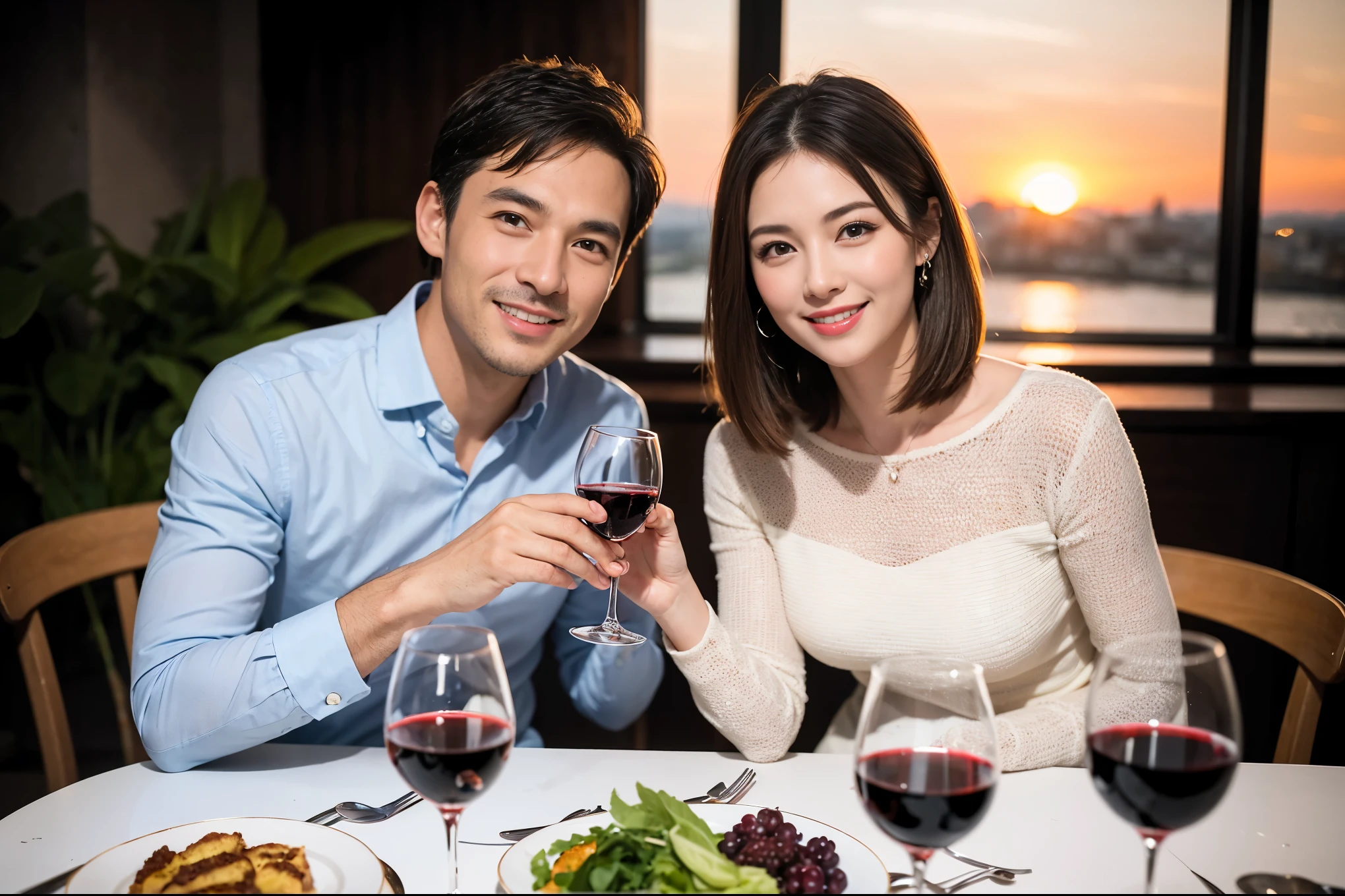 ((highest quality、8k、masterpiece:1.3))、 (Genuineistic, Genuine、Bright image、Intricate details:1.2), Best smile 1 man 1 woman、Beautiful Couple、spouse、Couple、family、Beautiful Couple、Smile、full-course dinner、 (Slim face), (The body is slim), (Brown Hair), (short hair), テーブルの上のwine glass、Please shine a light on my face、 Amazing view of the sunset sky and clouds、 (Age 44), 41 years old, red wine 、Appetizers、Wine bottle、sparkling wine、Long sleeve shirt、dress、White wine, red wine, wine glass,