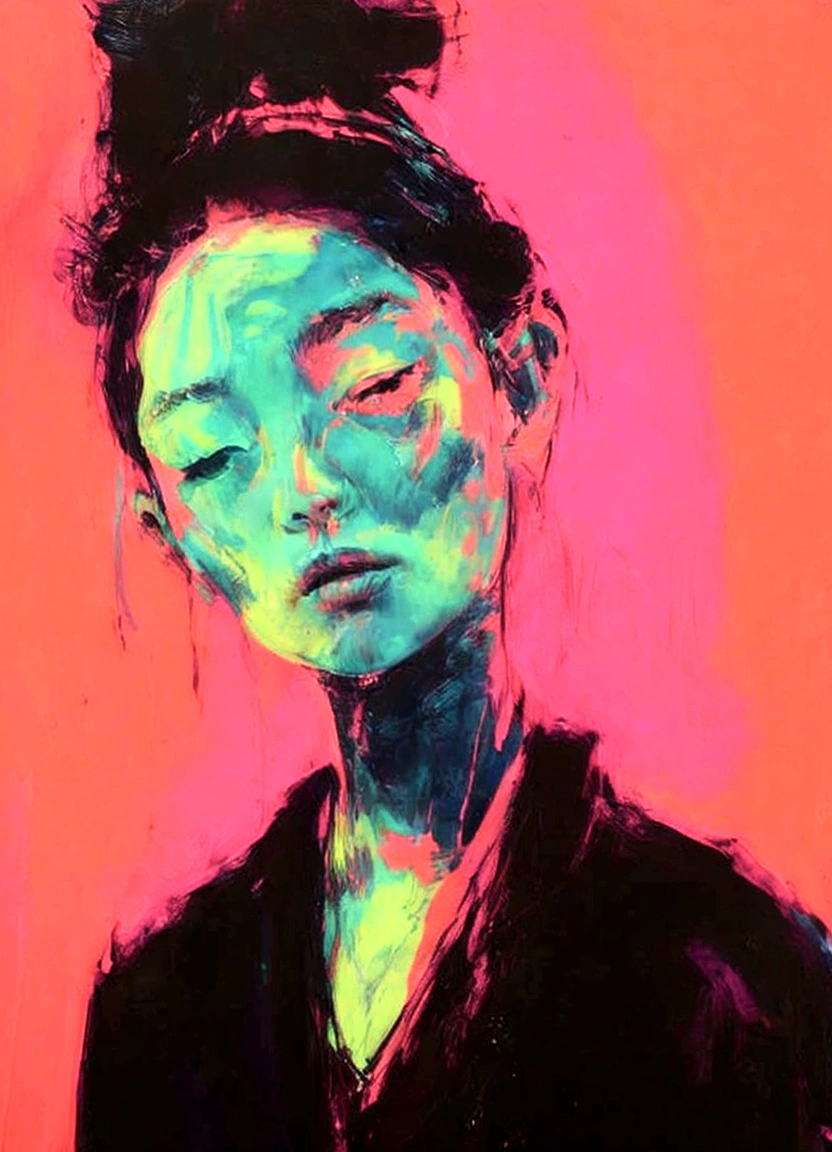 uma pintura de uma mulher com uma blusa preta e fundo rosa, por Liam Wong, inspired por Liam Wong, pingando em tinta neon, just a joke, inspirado em Yanjun Cheng, por Kim Deuk-sin, inspired por Russell Dongjun Lu, engolido, por Russell Dongjun Lu, pintura com tintas neon vibrantes, por Craig Thompson, rosto rosa brilhante