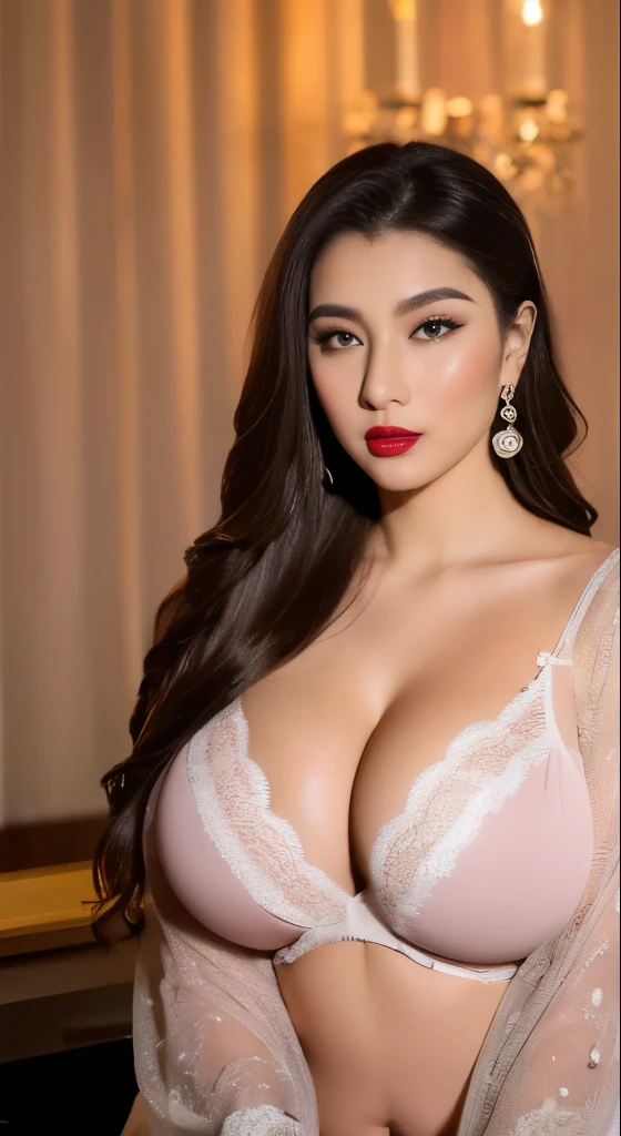 ((Maria Renata))、30 years old、white skin skin、pore skin、slim face、realistic lighting、highest quality、8K、masterpiece:1.3))、concentrated:1.2、1 girl、((Dark red lipstick:1.50、Dark blush:1.5、dark eye makeup:1.30))、perfect beauty:1.4、(anger:1.5)、30 years old、((Z cup size extra large big))、slim abs:1.1、blue eyes、fine eyes、((long brown hair、Extra massive breasts:1.3))、Brunette weave hair、Dressed in transparent silk white lingerie、 Teardrop robes、Transparent Detail Clothing、open shoulders、Very sexy outfits、headless、diamond earrings、See trough nipple、sitting on the bed、In the bedroom of a luxury hotel