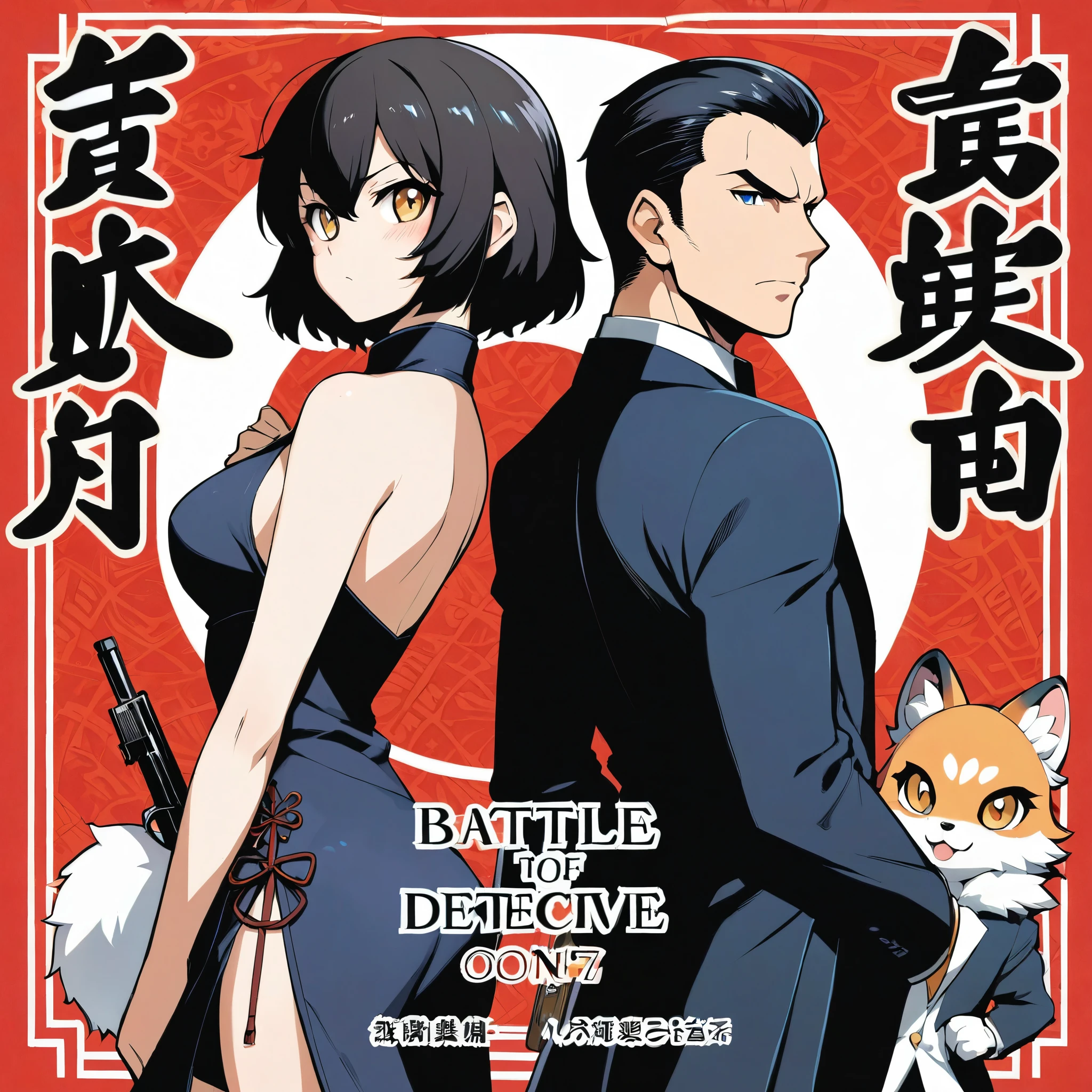 A doujinshi cover with a young male detective and a woman in a Chinese dress back to back, furry, kemono, with some elements of 007, battle manga,