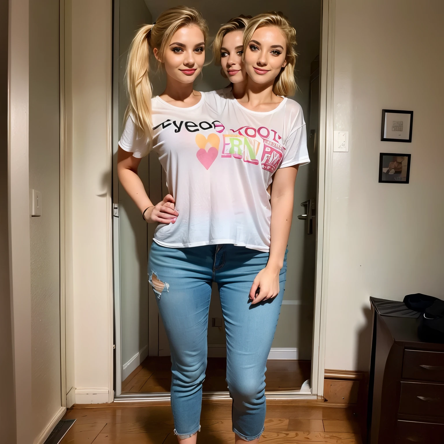 best resolution, 2 heads, two different people become conjoined, different heads, blonde hair, ponytail, eyeliner, 25 years old, cute, flirting, horny, sexy, standing in bedroom, holding phone, taking a photo, 
