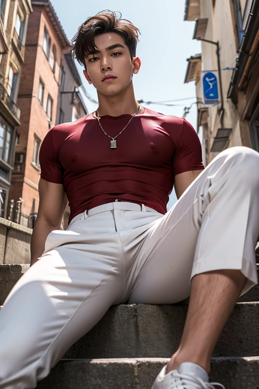 (absurderes, A high resolution, Ultra detailed, hdr), Masterpiece, Best quality, Portrait of a boy, Handsome boy with red eyes, Detailed face, Professional photo, The Alafed man is shirtless, Leaning comfortably，legs are open, (puffynipple(From below:1.1)), Focus on your audience,18 year old boy, Handsome boy, [ Firmly defined body ]，Burgundy shirt open，Abs，chest muscle，short white pants，large bulge，white shoe，On the street，