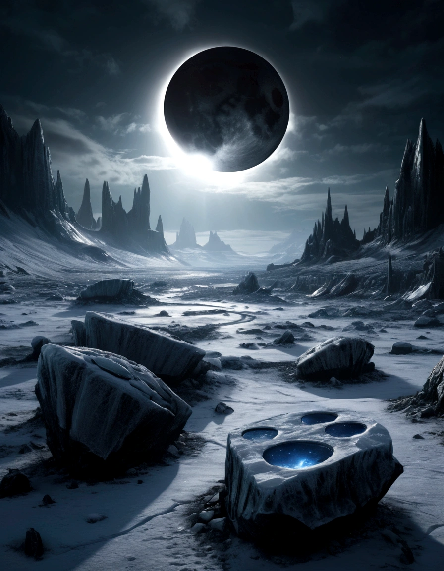 night, solar eclipse over epic ice wasteland with gloomy rocks, in Giger style