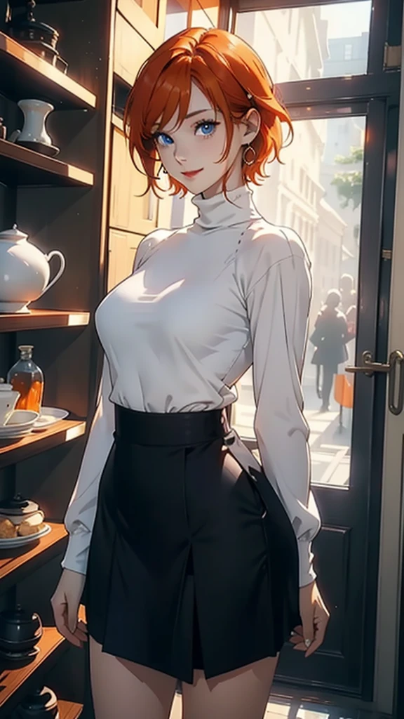 daeundef, orange hair, blue eyes, short hair, looking at viewer,
upper body, standing, arms at sides, turtleneck, long sleeves, black skirt, white shirt, smile, medium breasts,
masterpiece, best quality,