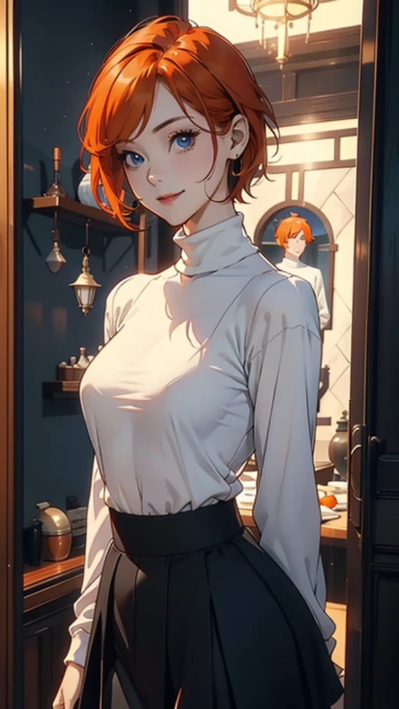 daeundef, orange hair, blue eyes, short hair, looking at viewer,
upper body, standing, arms at sides, turtleneck, long sleeves, black skirt, white shirt, smile, medium breasts, 
masterpiece, best quality,