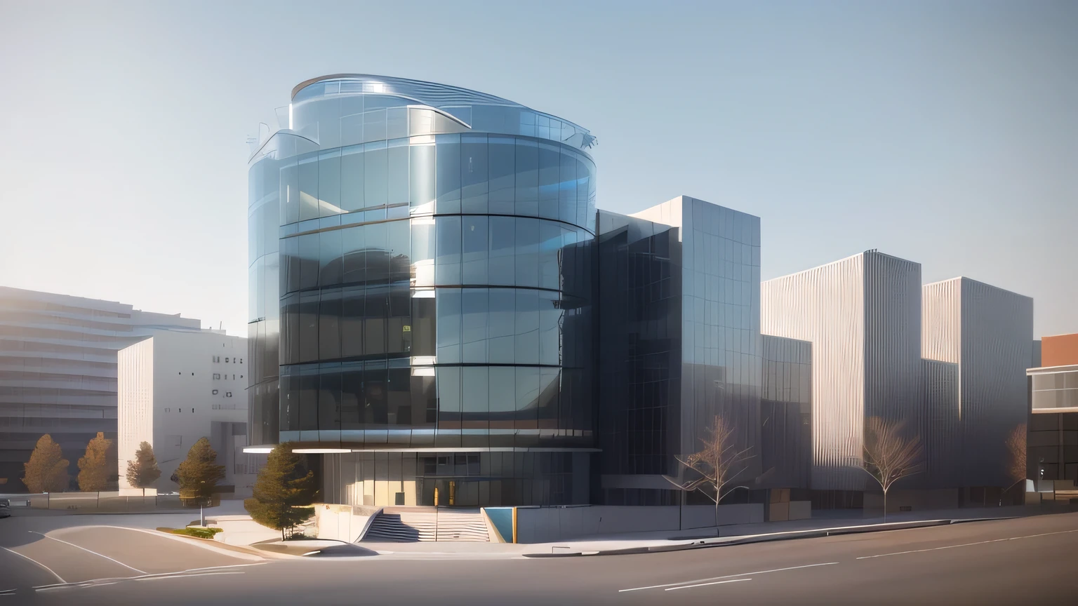 arafed view of a modern building with a curved glass facade, sharp hq rendering, medical research facility, architectural rendering, artstation hq”, precise architectural rendering, office building, architectural render, architectural 3 d render, a photorealistic rendering, render in vray, architecture render ”, architecture render, realistic building, artstation hq, wide angle exterior 2022
