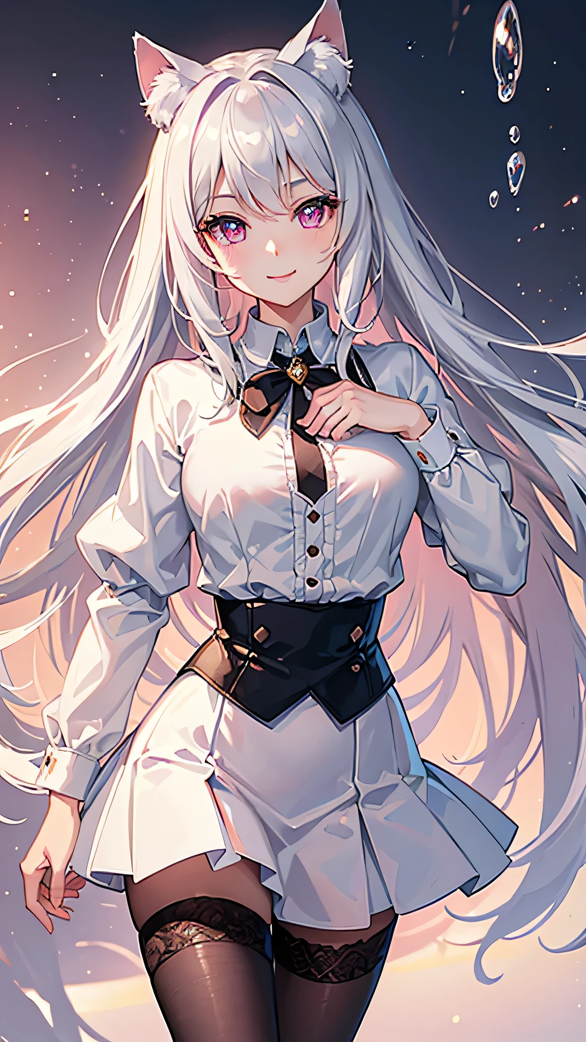masterpiece,highest quality,Highly detailed face,fine grain,Waterfront,Bubble,Sparkling eyes,Highlighted eyes,Medium chest,pretty girl,smile,Cat ear,Beautiful silver hair,Pink inside,Beautiful pink eyes,Oversized shirt、skirt、black tights