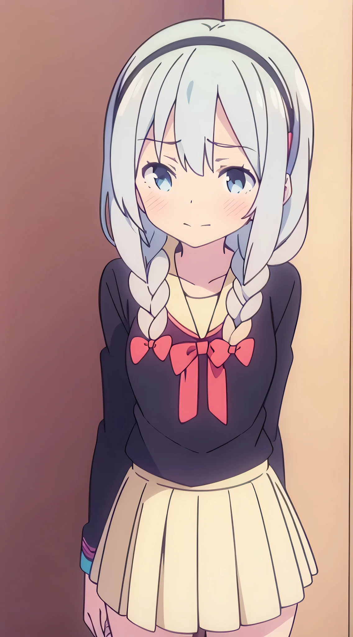anime girl, alone, white hair, headband on hair, braids, dressed as , pleated skirt, tsundere, shaded background, colorful, magical