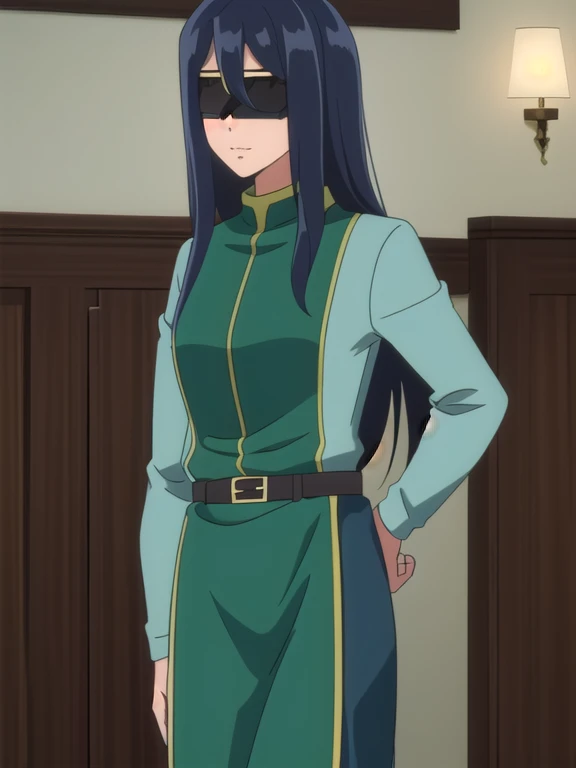 (((Best quality))),((Ultra-detailed)),((illustration)),((Disheveled hair)),((frilld)),(1 girl),1girl,1girl, belt, black hair, breasts, brown belt, dress, green dress, hand on hip, hands on hips, indoors, large breasts, long hair, long sleeves, military, military uniform, solo, standing, uniform, A mask that covers the eyes, sleep mask