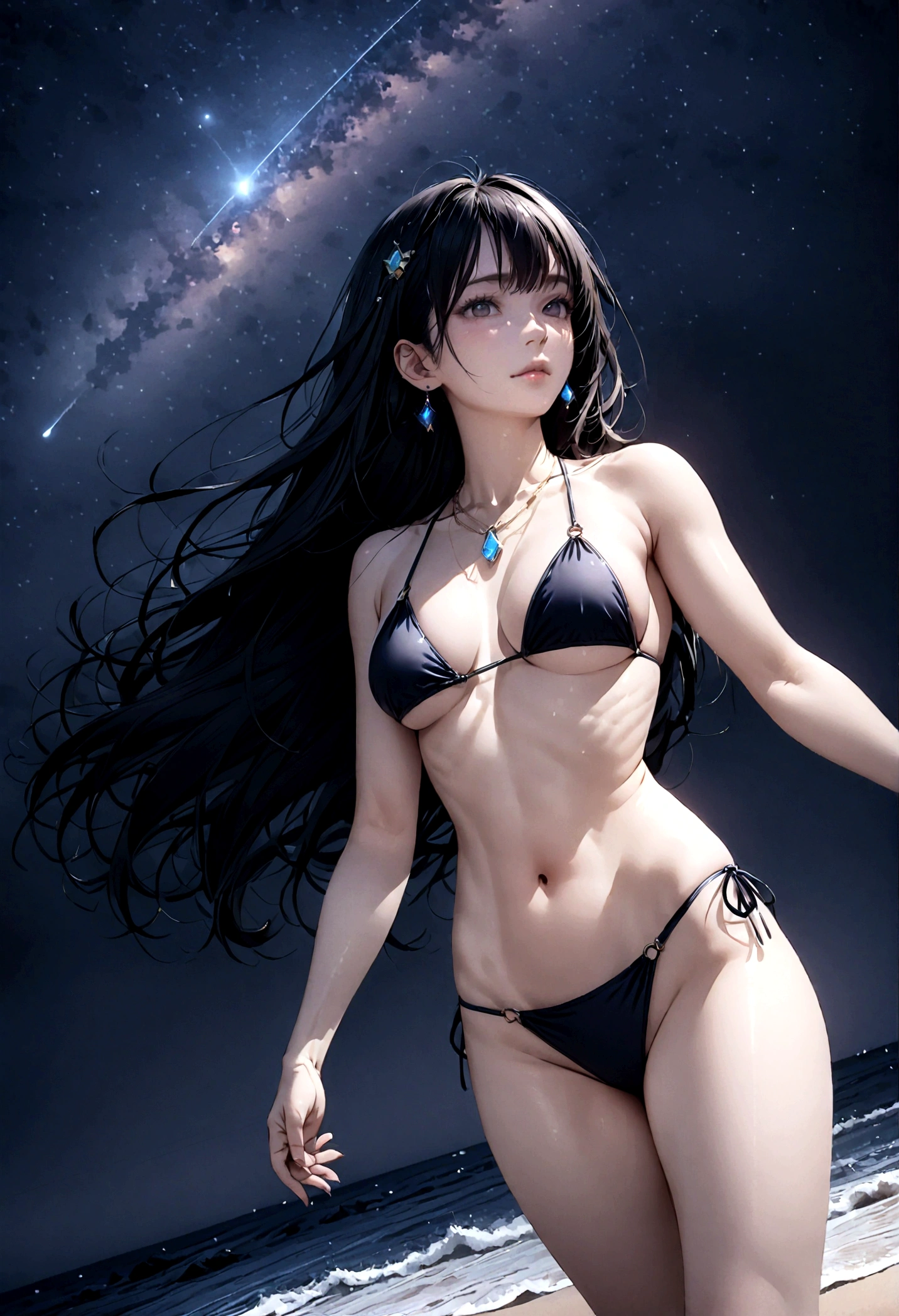 8k, masterpiece, RAW Photos, highest quality, Realistic, Very detailed, Depth of written boundary, Cinematic Light, Anatomically correct body,
(A beautiful 40-year-old beauty:1.4), Very beautiful face, Exquisitely detailed face, (A calm and gentle face:1.4), Very delicate skin texture, Transparent muscle, Shiny white skin, Glamorous Body,
(Wavy black long hair:1.2), Sexy Breasts, Sexy ass,
(Brazilian Bikini:1.4), (Detailed cloth texture:1.2), (Body chain accessory with detailed jewel studded embellishments:1.3), (Gorgeous necklace:1.1), (Gorgeous earrings:1.1),
(Dark starry background:1.4), (Milky Way:1.1), (milky way:1.1), (shooting star:1.1), (Dark coastline at night:1.4), (Pitch black sea surface:1.4),
(Standing on the beach:1.2),
(Low angle shot:1.8),