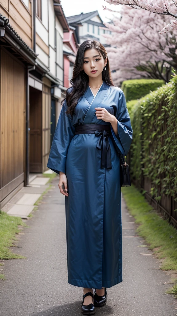 corpo completo,Plano completo,SFW,Russian goddess princess girl in the image of a geisha with big bright blue eyes and long cute eyelashes Nordic type with a perfect elegant figure and very long fluffy wavy hair of bright wheat color is in full growth in the alley against the background of Japanese pink sakura in bloom in Japanese color bright navy blue kimono and Japanese shoes Gane color bright navy blue, The girl's lace kimono is intricately patterned with ultra-short, frank cutouts., Small, protruding breasts are visible through the fabric and in the girl's ears are beautiful earrings with precious navy blue sapphires that sparkle and sparkle in the light. The ground where it stands is full of cherry blossoms.., the scene is highly artistic, high resolution, sharp focus, Migjorni-V5 artistic style, hiper fotorrealismo, perfect proportions, Golden Ratio Photo, Bengala, contorno, luz do sol, brilho suave, foco suave, Photographic-style soft focus through a Monocle lens.