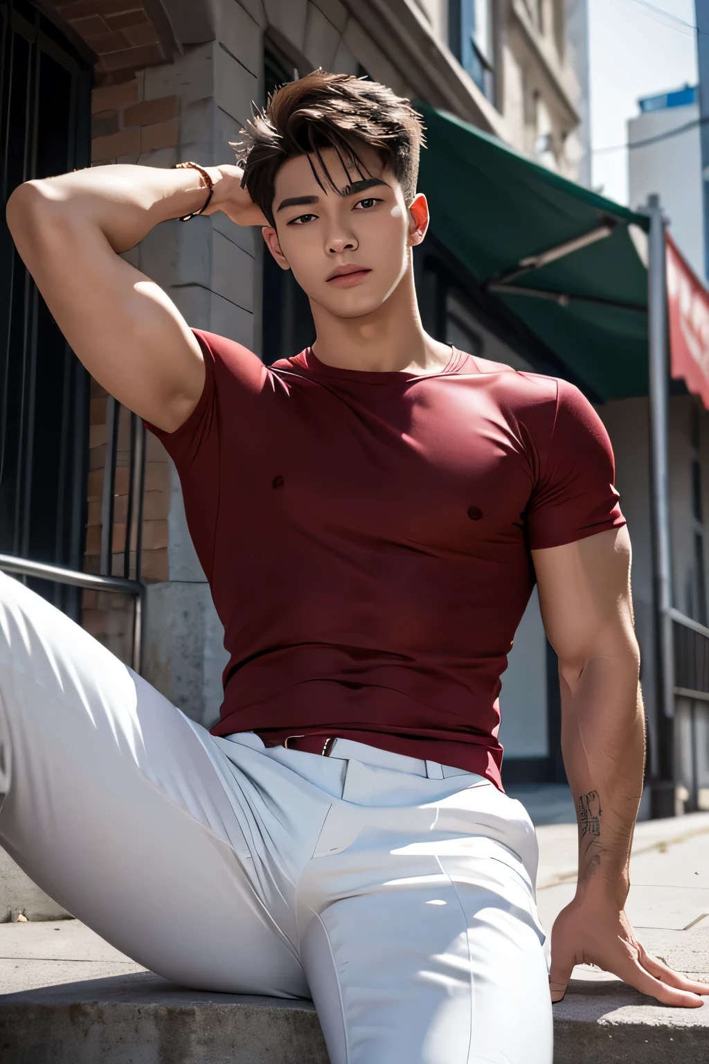 (absurderes, A high resolution, Ultra detailed, hdr), Masterpiece, Best quality, Portrait of a boy, Handsome boy with red eyes, Detailed face, Professional photo, The Alafed man is shirtless, Leaning comfortably，legs are open, (puffynipple(From below:1.1)), Focus on your audience,18 year old boy, Handsome boy, [ Firmly defined body ]，Burgundy shirt open，Abs，chest muscle，short white pants，large bulge，white shoe，On the street，