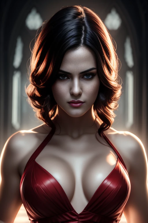 A sexual Ada Wong, beautiful detailed eyes, beautiful detailed lips, extremely detailed eyes and face, longeyelashes, female protagonist, resident evil character, dark hair, red dress, seductive pose, dramatic lighting, cinematic, photorealistic, high quality, 8k, ultra-detailed, realistic, masterpiece