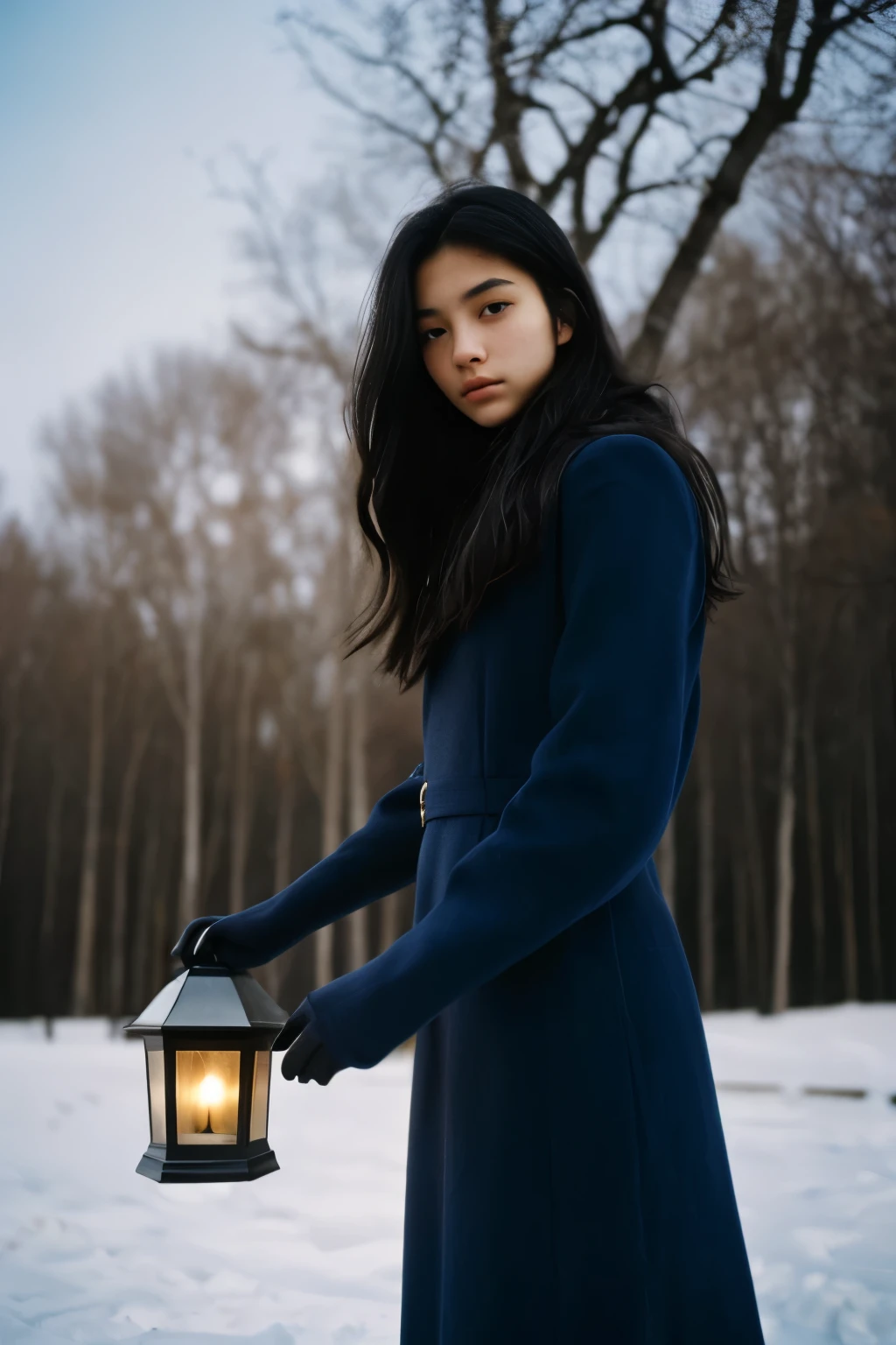 (Highly detailed and realistic graphics), (Best angle shot), (Natural Lighting),
Photo of a 19-year-old Asian girl, Get in good shape, Pale skin, Beautiful looks，Young and elegant, long Black hair, Calm attitude,
She used a ((Black)) Renaissance dresses, She holds a lantern in her hand, Standing in the misty blue atmosphere, Dead Oak,
Contrast and delicate interplay of light and shadow, Depth of Field, Dark background in the distance，snow, 