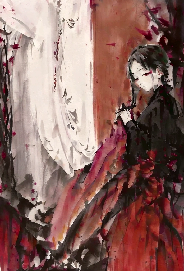 oil painting like this - an oriental woman with no hair and closed eyes, dressed in a black blouse, surrealist style painting, inspired by Claude Monet's painting, vibrant colors: red, purple and a little light green, excellent quality, magnificent art,