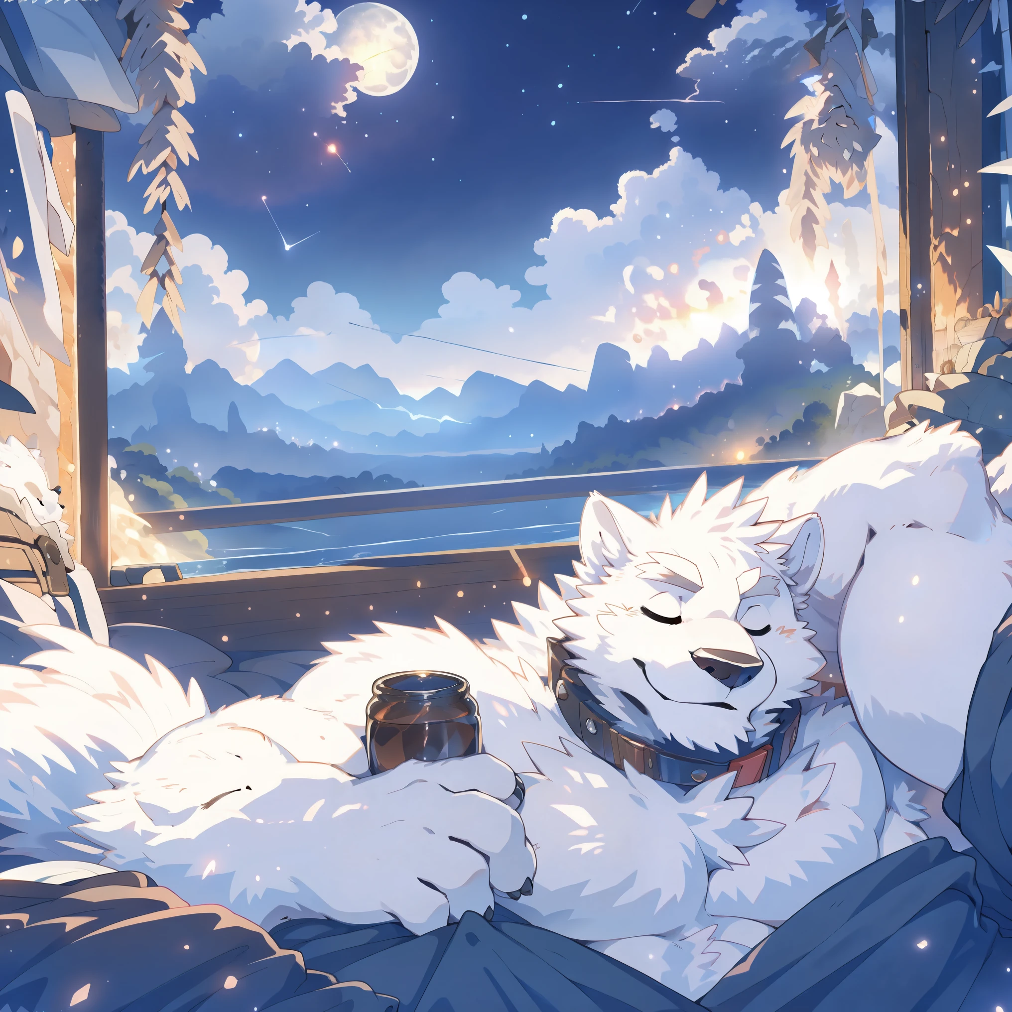 ((all white fur:1.5)), solo, Spike Collar, (artist:Takemoto Arashi), Mature face, elder, longeyelashes, Not wearing any clothes, Thin and tall figure, Reveal most of the background, Warm scene, Romantic atmosphere, (meteor), Lying in bed, Indoor scene, sleep, With eyes closed, Sleeping face, Moonlight outside the window, happy, Topless, panorama, first-person view, best quality, UHD, super detail, high details, anatomically correct, 8k