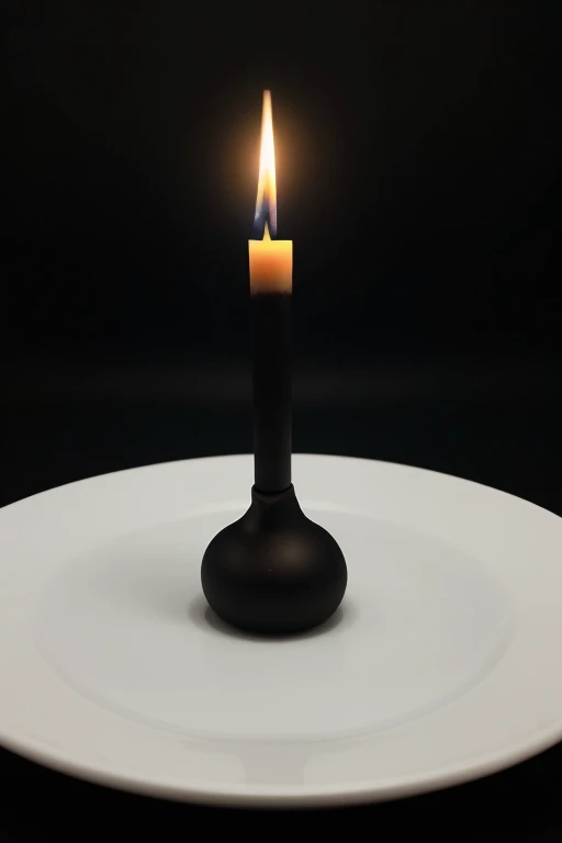 Create an image that has a black background and that has a thin white candle that has a small plate under it so that its flame is pure and beautiful