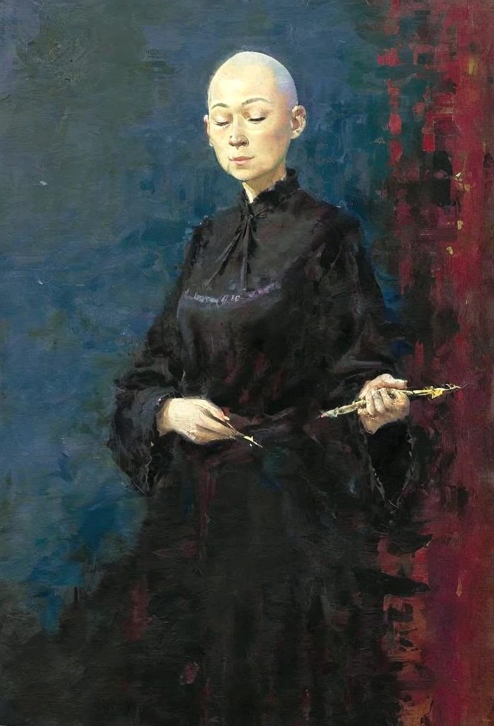 oil painting like this - an oriental woman with no hair and closed eyes, dressed in a black blouse, surrealist style painting, inspired by Claude Monet's painting, vibrant colors: red, purple and a little light green, excellent quality, magnificent art,
