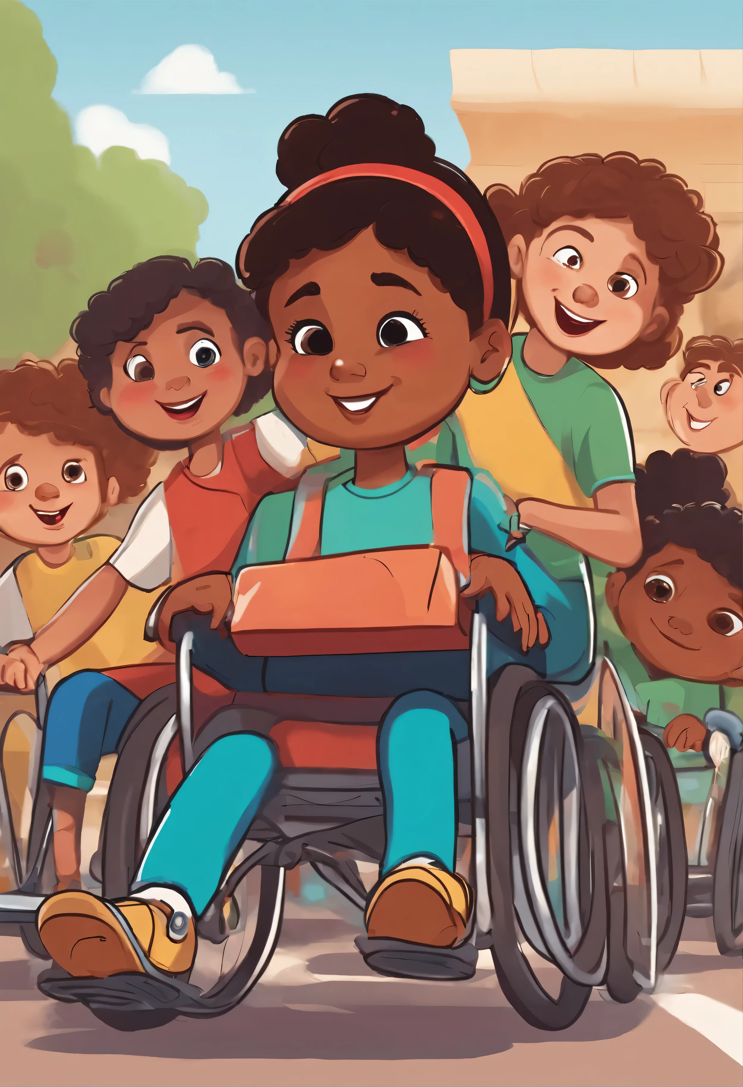 A girl in a wheelchair being pushed by her classmates in a race in a cartoon style