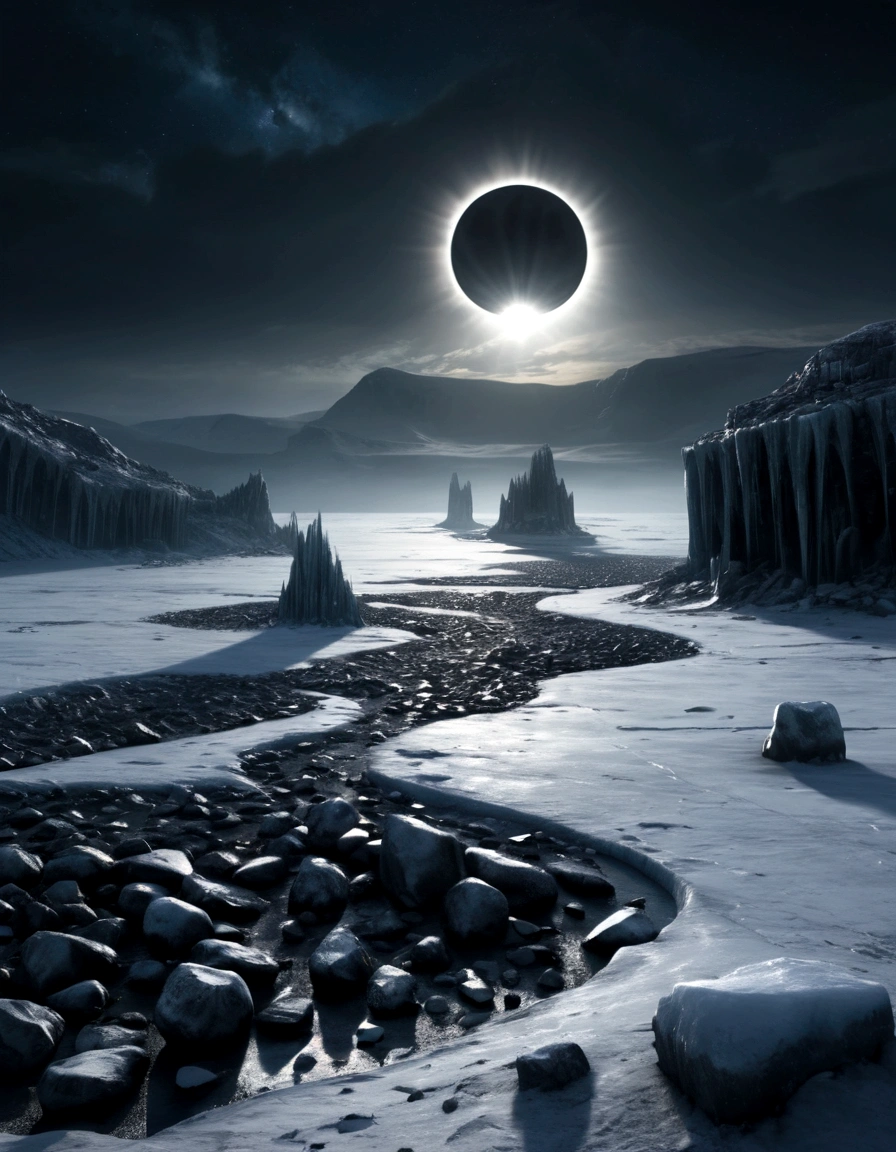 night, solar eclipse over epic ice wasteland with gloomy rocks, in Giger style
