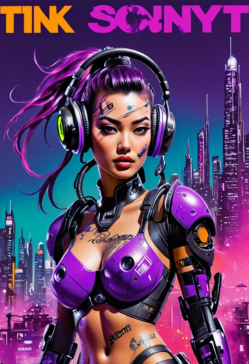 Feminine cyborg, magazine cover, poster art , hint of vibrant, bold sexy text, Ink illustration, cinematic film still, photo of a girl, cyberpunk, neonpunk, headset, city at night, close up, wallpaper, film grain, SONY headset, purple and black, ink stains, ink splatters, ink runs, ink spots, faded ink, linquivera