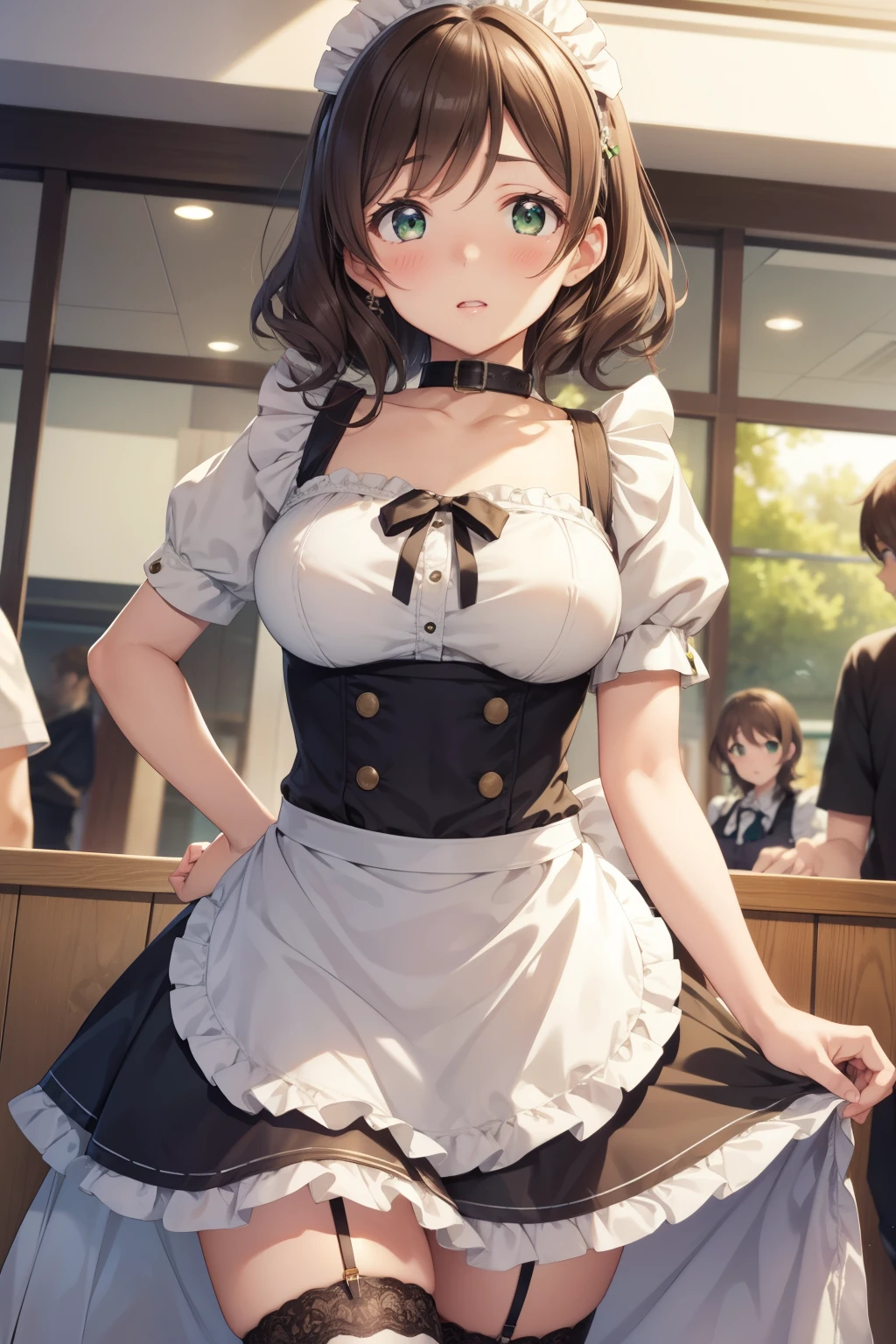 nozomitoujou, nozomi toujou, green eyes, brown hair, short curly hair, large breasts, masterpiece, best quality, high resolution, beautiful detailed eyes, extremely detailed face, good lighting, detailed CG, messy hair, glossy lips, maid, short puffy sleeves, small maid apron, thigh highs, (worried), shopping centre, (crowd), collarbone, collar