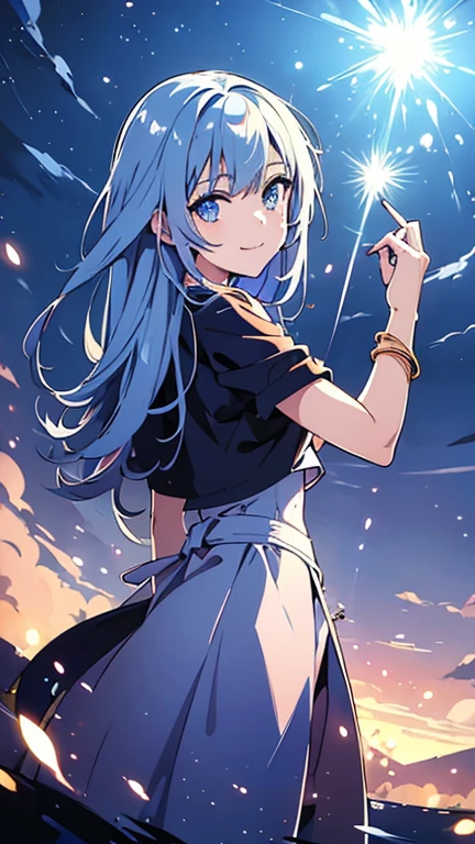 (Masterpiece, Top quality, Best quality, Beautiful and aesthetic:1.2), (1girll:1.3),( Flat color:1.3), high resolution, Extremely detailed, Original, Colorful, colored splashing, spatter, Atmospheric perspective, short length neon blue hair, icy blue white eyes, goth aesthetic, slutty witch, purple magic swirls, white braid in hair, bracelet jewelry, fishnet outfit, smiling for a picture, selfie, fangy smile, posing in a flower meadow, dynamic lighting, dramatic lighting