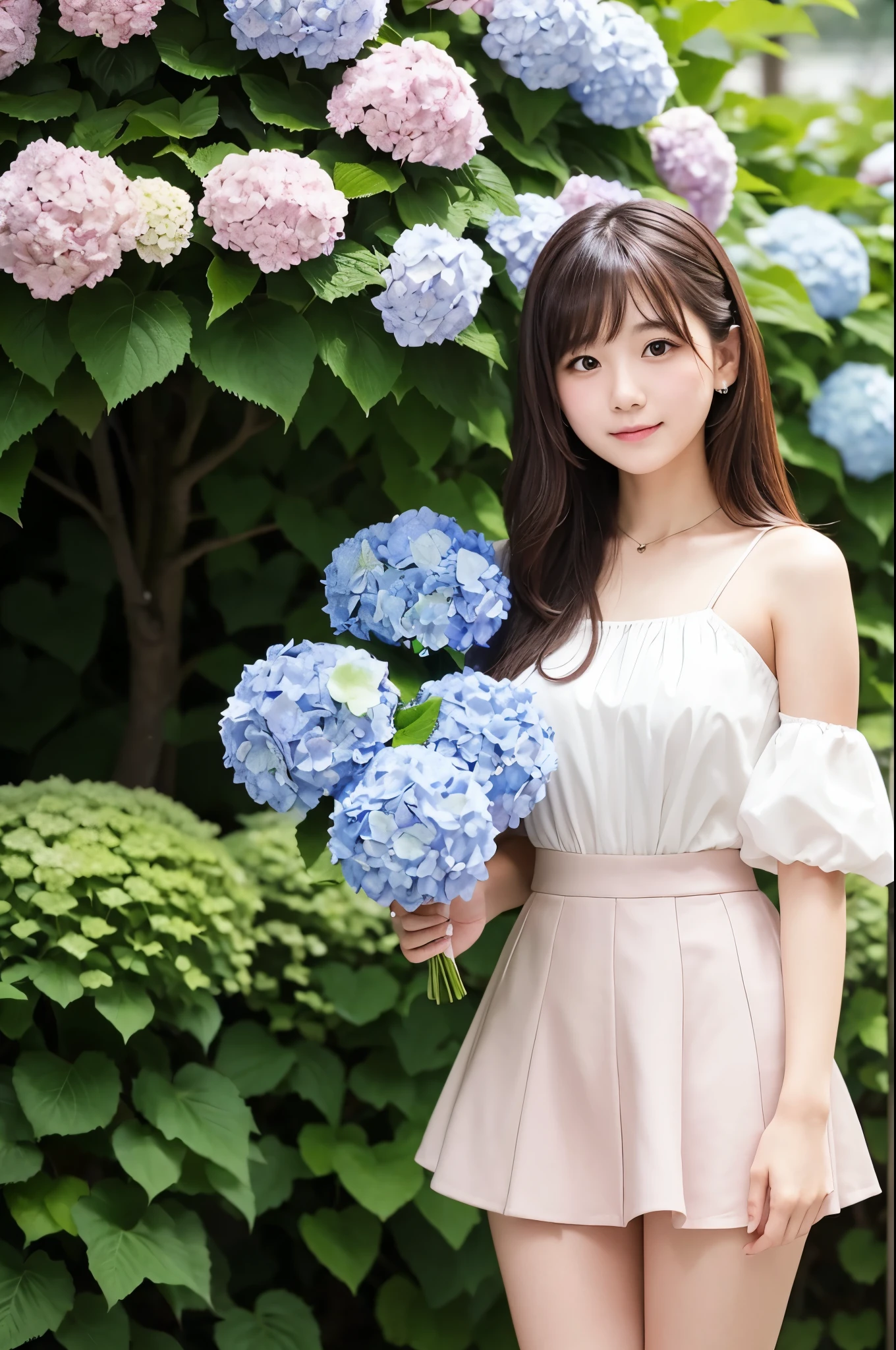 A cute 20-year-old girl standing in a park with hydrangeas in bloom(mini skirt)