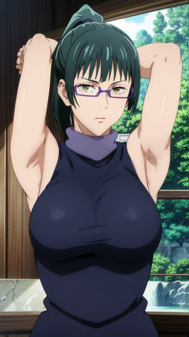 (best quality:1.5, highres, UHD, 4K, detailed eyes, detailed lighting, detailed hair, shaders), dark green hair, ponytail, bangs, cool woman, cool girl, sharp eyes, yellow eyes, beautiful, large breasts, no bra, purple jacket, turtleneck ,sleeveless, glasses, arms up, armpits, detailed armpits, looking at viewer