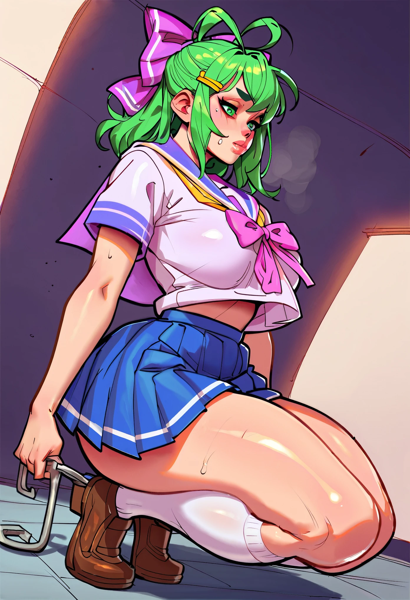 source_cartoon,rating_explicit,score_9,score_8_up,score_7_up,score_6_up,score_5_up,score_4_up,female,source_cartoon,rating_explicit,score_9,score_8 Tights，Purple bow，Green Hair，skin，（Thick Legs）Thick thighs，Hook of Holland，Sweating，exercise，Wide hips，front，Doudou Eyebrows，Antenna Hair 绿色短头发，Green Eyes，Purple bow，Hairpin，Purple and sailor collar，Striped sailor suit，Blue pleated skirt，White socks，leather shoes，Antenna Hair，Doudou Eyebrows，Hair rope