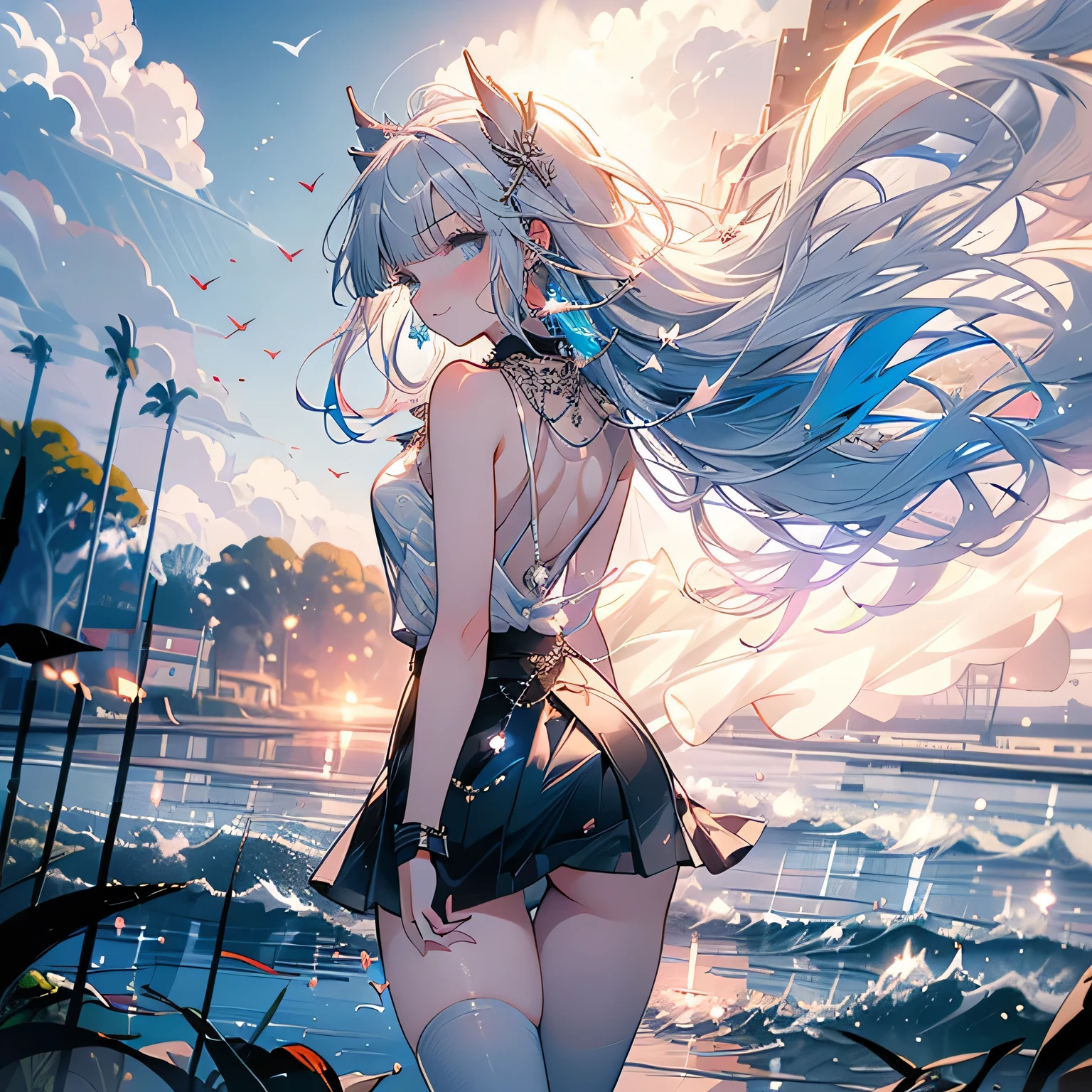 (Vulgar,nsfw),silver blue hair,((butts and back focus,looking back)),
(skirt lift,very windy),(beautiful elegant white panties),very low angle,from below),((masterpiece, highest resolution,best quality)), (beautiful illustration), ((Kamisato Ayaka in Genshin Impact)), ((semi long beautiful silver blue hair,blunt bangs,pony tail,beautiful blue eyes)),(solo),(beautiful elegant office blouse and black skirt,skirt lifted by the wind),(looking at the viewer), (walking around the beach,),
(innocent smile, Embarrassed),(white over-kneehighs,Lace chalker, wristband, fingerless gloves, over-kneehighs,
Lace chalker, diamond necklace,wristband, fingerless gloves, earrings), (cinematic lighting, very windy),beach, sand, blue sky, waves, coconut tree,fish,boat,sea gull,(from the ground),(beautiful elegant Underwear patterns),