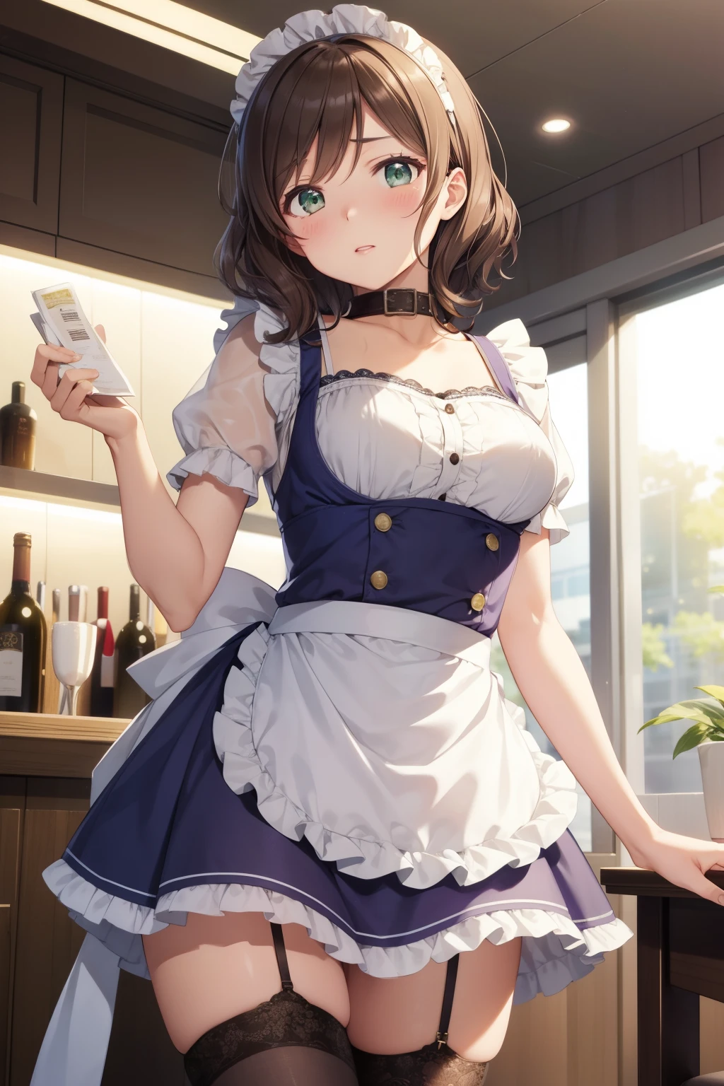 nozomitoujou, nozomi toujou, green eyes, brown hair, short curly hair, large breasts, masterpiece, best quality, high resolution, beautiful detailed eyes, extremely detailed face, good lighting, detailed CG, messy hair, glossy lips, maid, short puffy sleeves, small maid apron, thigh highs, (worried), shopping centre, (crowd), collarbone, collar