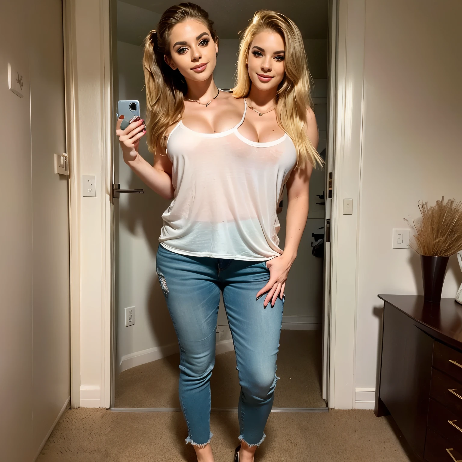 best resolution, 2 heads, two different people become conjoined, different heads, blonde hair, ponytail, eyeliner, 25 years old, cute, flirting, horny, sexy, standing in bedroom, holding phone, taking a photo, 