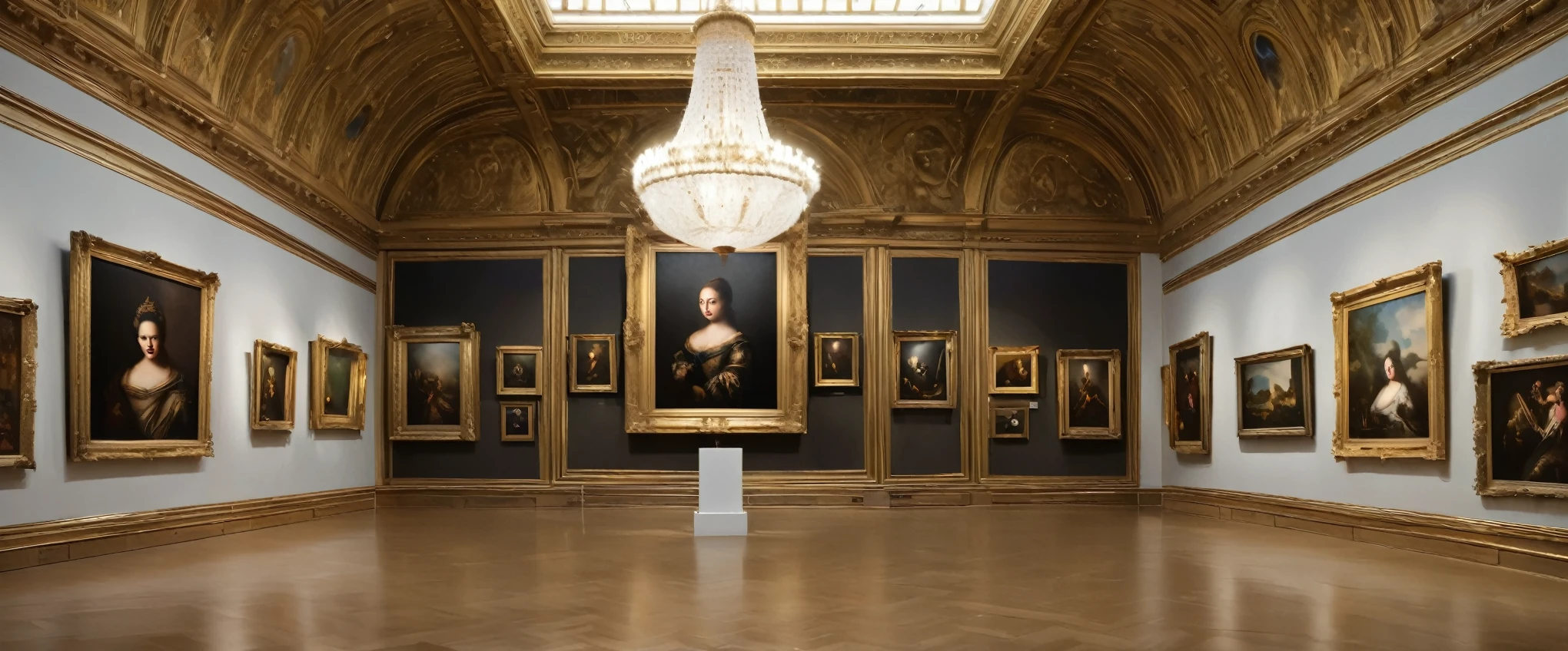 ((high quality, hight resolution,​masterpiece ,sharp focus, photographrealistic, Raw photography, Royal art Gallery with with no people its empty, there are large paintings hanging  on the walls with beautiful gold frames,  