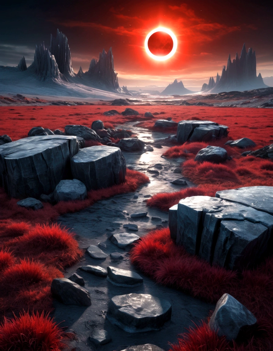 night, solar eclipse over epic ice wasteland with gloomy rocks and red grass, in Giger style