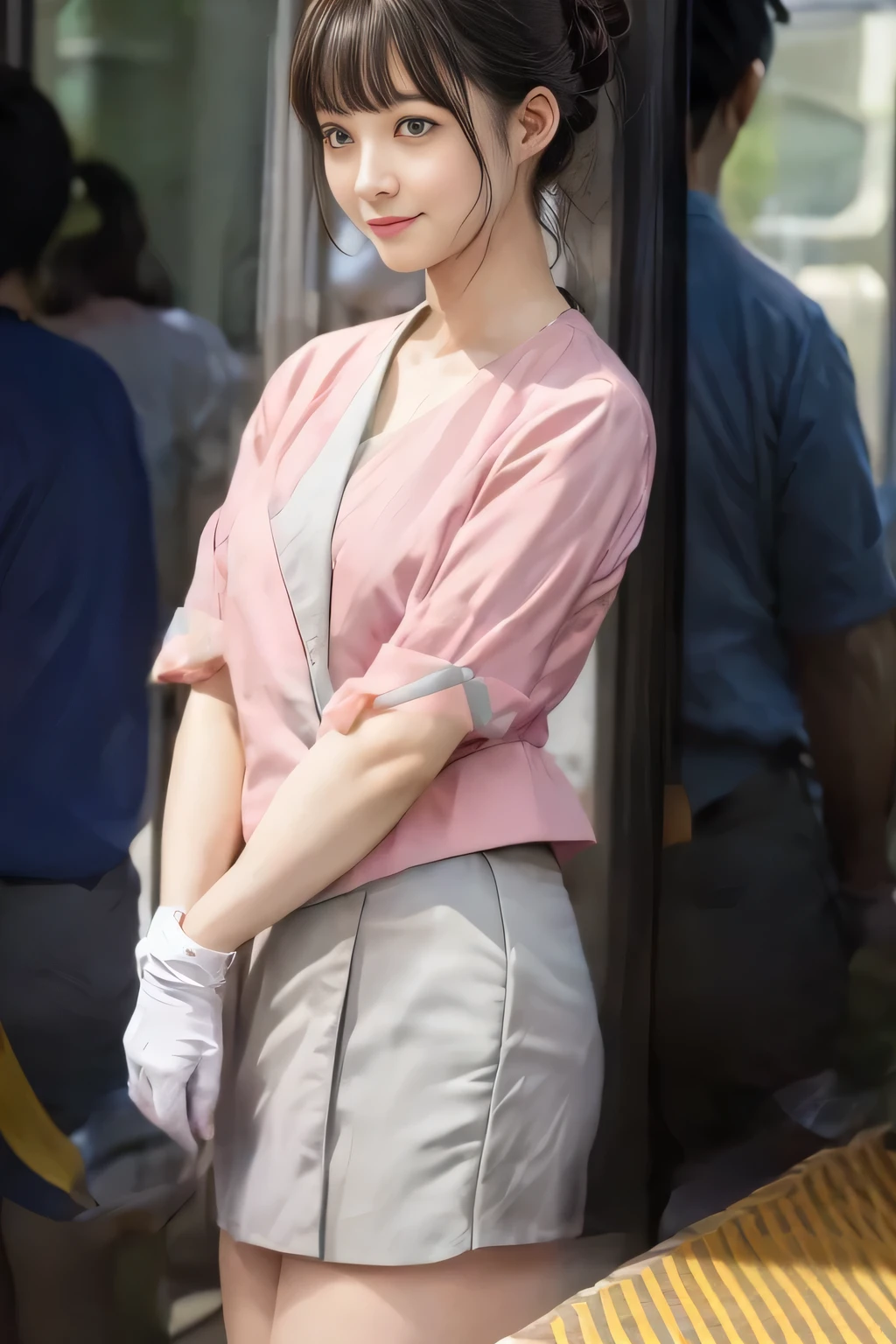(masterpiece:1.2, highest quality:1.2), 32K HDR, High resolution, (alone、1 girl)、 (Height: 160cm)、（On the rooftop of a building in the daytime、Professional Lighting）、Building rooftop background、（Nankai train crew uniform pinkを着たリアルスタイル）、（Nankai train crew uniform pink short sleeve collarless pink jacket、Nankai Train Crew Uniform Pink Collarless Short Sleeve Blouse、Nankai Train Crew Uniform Pink Grey Knee-length Culottes）、Dark brown hair、（Hair tied up、Hair tied up、Evening curly hairstyle）、Dark brown hair、Long Shot、Big Breasts、Thin legs、（（Great hands：2.0）），（（Harmonious body proportions：1.5）），（（Normal limbs：2.0）），（（Normal finger：2.0）），（（Delicate eyes：2.0）），（（Normal eyes：2.0））)、smile、（Nankai Train Crew Uniform Pink Grey Knee-length Culottesを見せた美しい歩く姿）、Place your hands around your stomach、Lanyard employee ID card