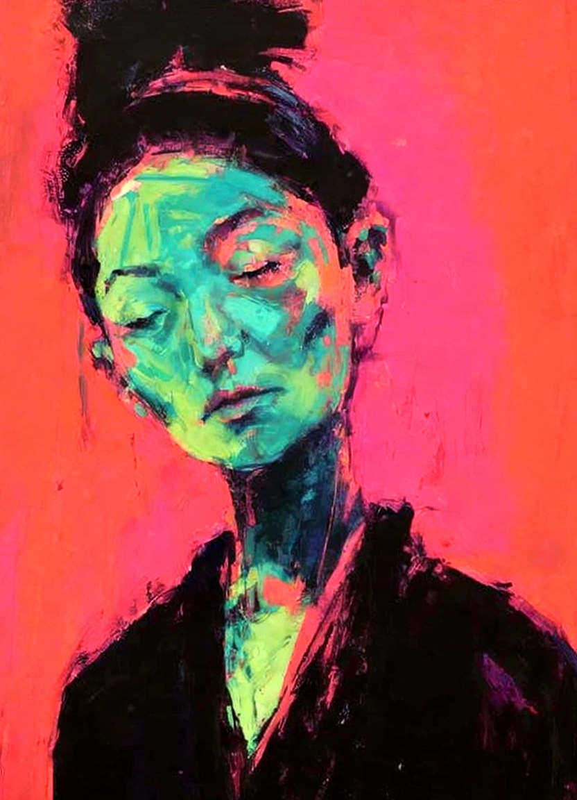 oil painting like this - an oriental woman with no hair and closed eyes, dressed in a black blouse, surrealist style painting, inspired by Claude Monet's painting, vibrant colors: red, purple and a little light green, excellent quality, magnificent art,