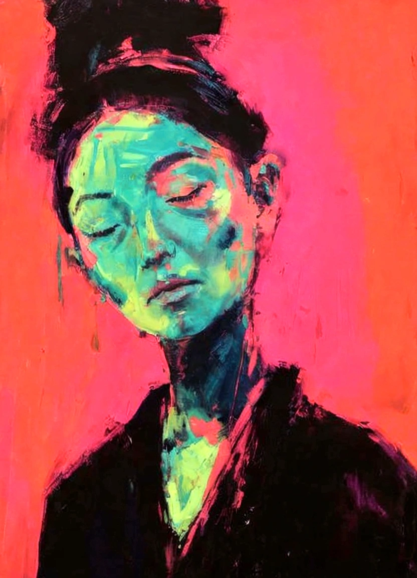 oil painting like this - an oriental woman with no hair and closed eyes, dressed in a black blouse, surrealist style painting, inspired by Claude Monet's painting, vibrant colors: red, purple and a little light green, excellent quality, magnificent art,