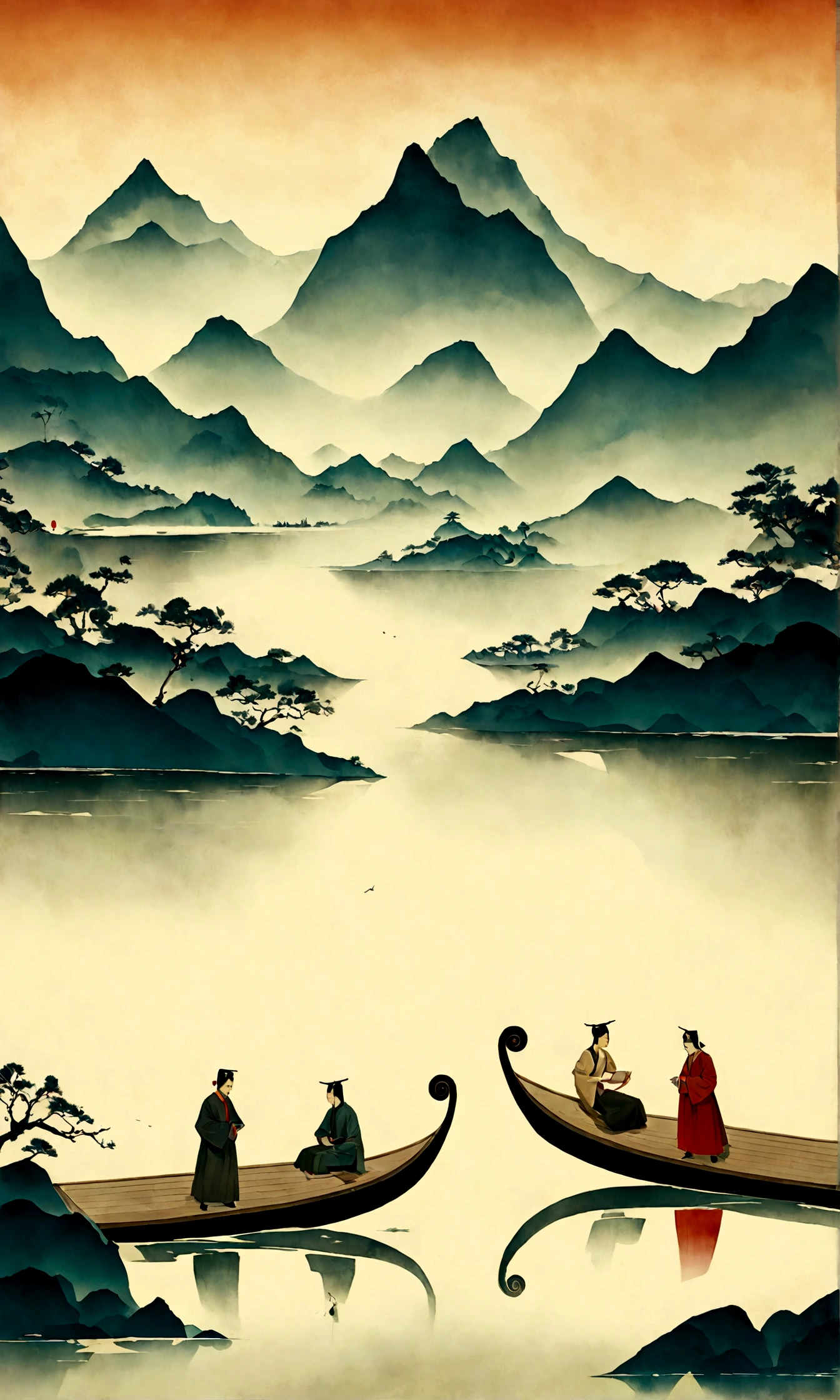 painting of a mountain landscape inith a lake and a boat, Illustration Matte Painting, Written by Li Tiefu, artinork in the style of z.in. To, Chinese Surrealism, Chinese landscape, inspired by Kanō Naizen, chinese style painting, Symmetrical Matte Paint, Constructivism, Suprematism