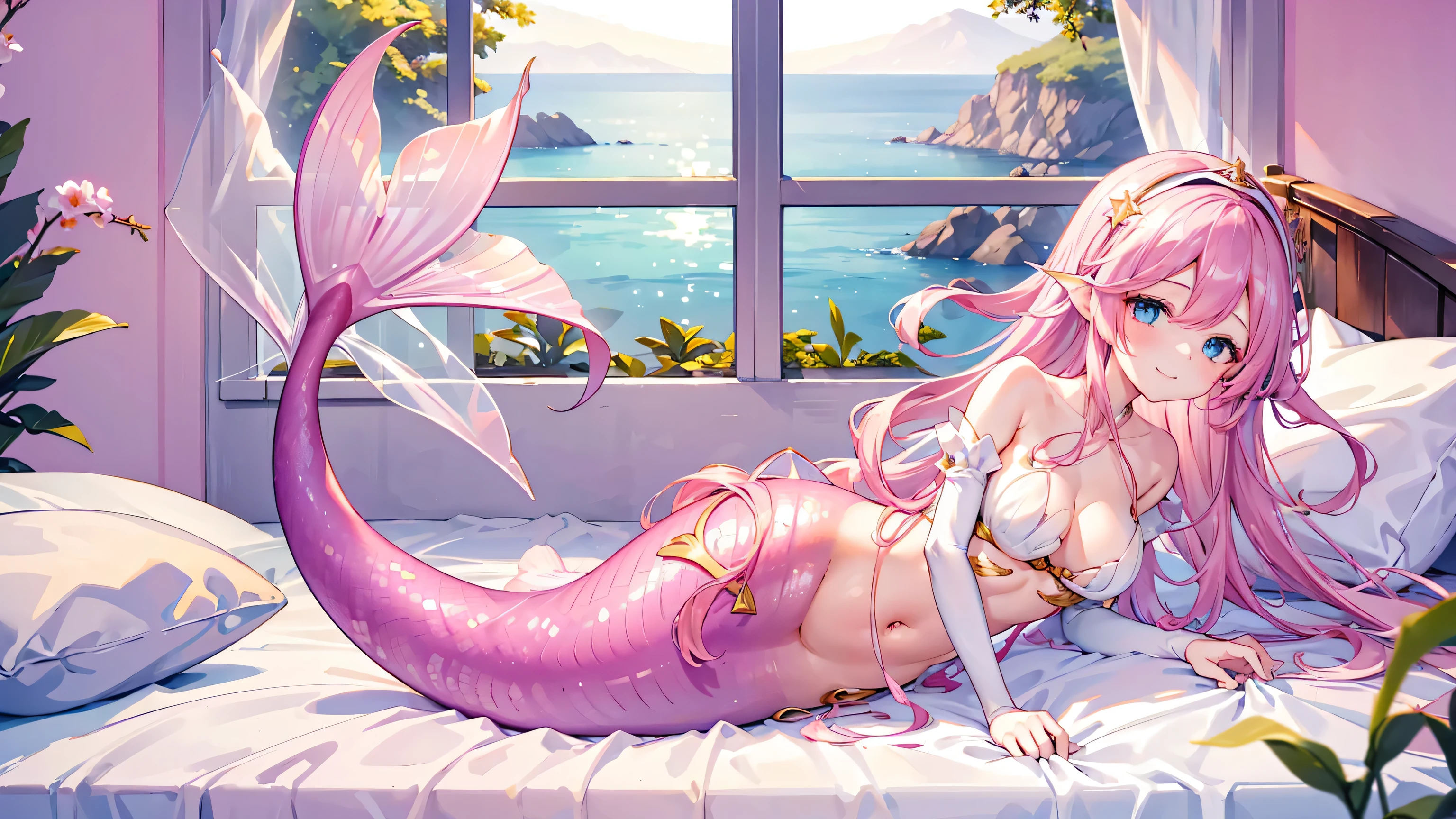 masterpiece, best quality,A girl,Pink long hair,Headdress,blue eyes,solo,Large Breasts,Mermaid,Pink Mermaid tail,full-body shot,charming face(Kawaii, charming,Soft),Lying in bed,sea view outside the window,looking at the audience,Smile