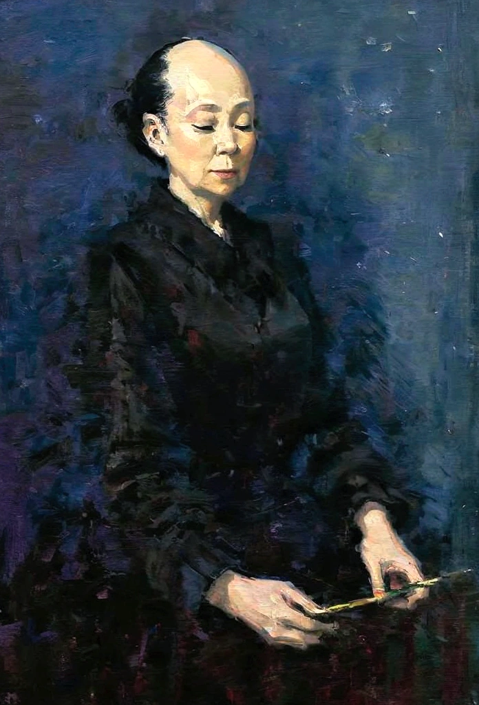 oil painting like this - woman oriental woman with no hair and closed eyes, dressed in a black blouse, surrealist style painting, dark, art, melancolic, inspired by Claude Monet's painting, vibrant colors: red, purple and a little light green, excellent quality, magnificent art,