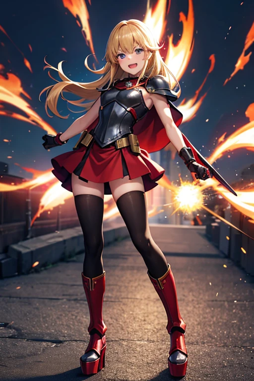 Anime drawings、Full body portrait、Wizards in the Shadowrun world、A female wizard, about 140cm tall and around 24 years old, wearing a steel breastplate, a red skirt and a red hood, shooting fireballs.、Blonde、Laughing with mouth open、gloves、Platform boots、Arm guard、Red shoulder armor、Three white eyes、Blue Eyes、Flat chest、Black tights