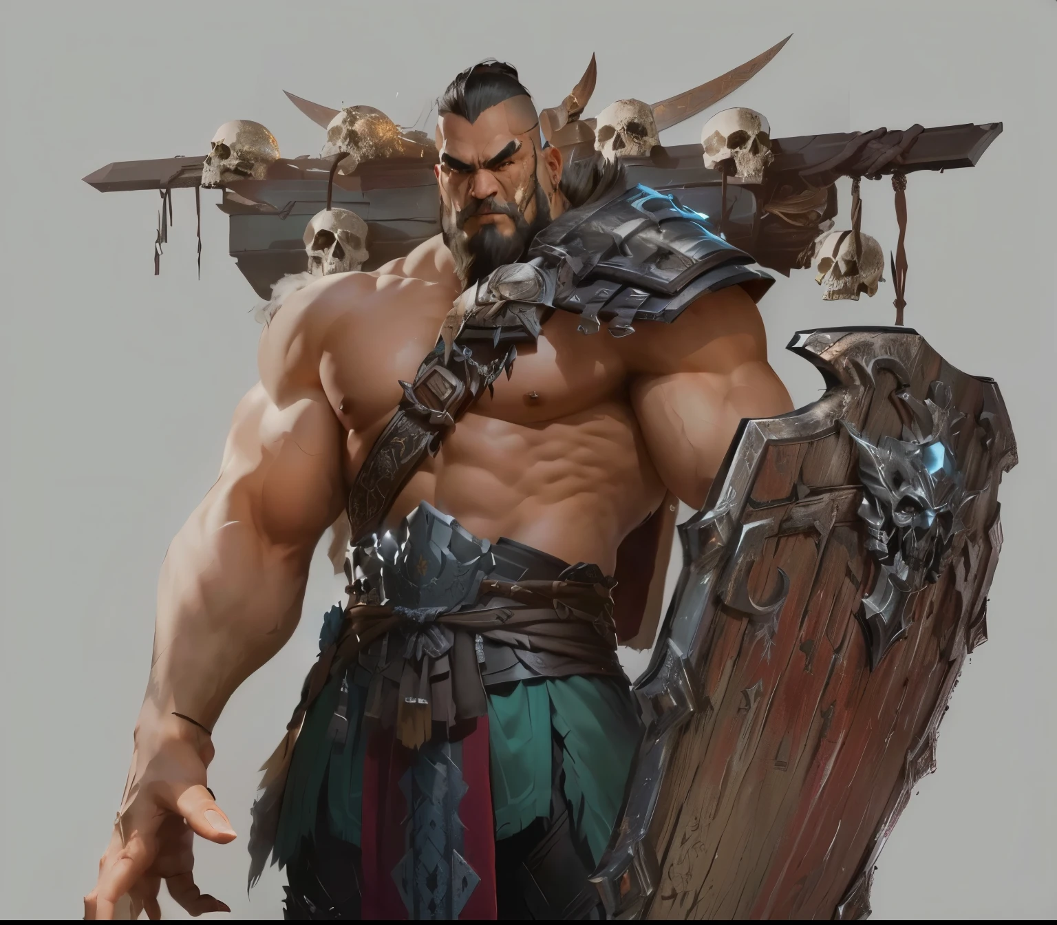 Arafud Male Warrior,holding a shield,Skull on shield, barbarian class, Tyler Edlin Fantasy Art, barbarian, by Feng Zhu, by Wuzhun Shifan, feng zhu concept art, Warrior concept art, Stunning 8k character concept art, author:Chen Zhou, male barbarian, author Shen Zhou, dnd giant character concept